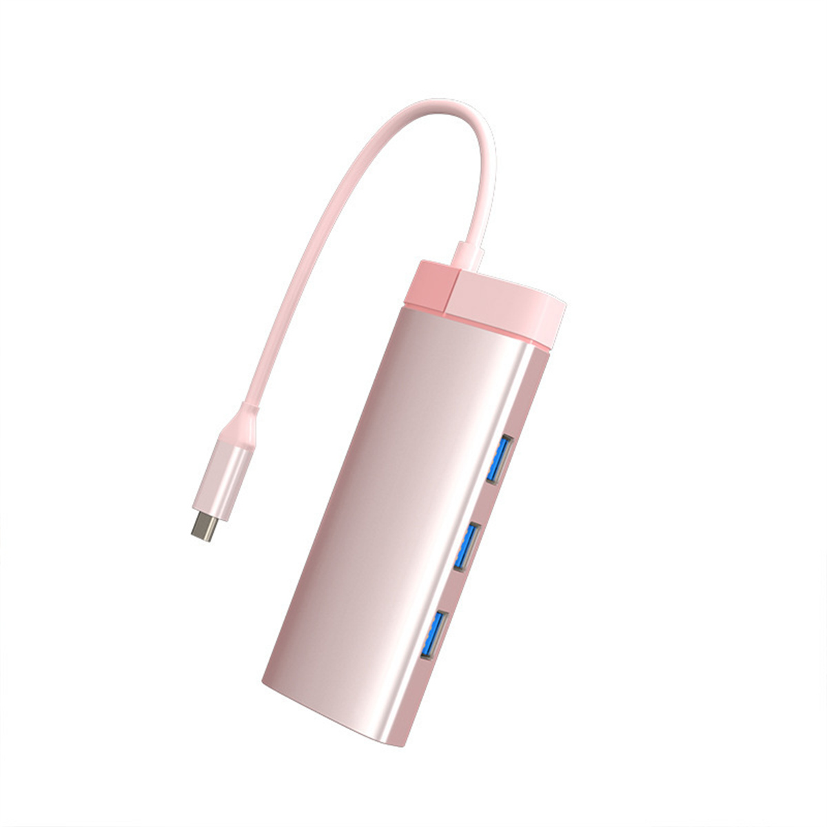 Ein rosa USB-Hub mit mehreren USB-Anschlüssen und einem angeschlossenen Kabel.