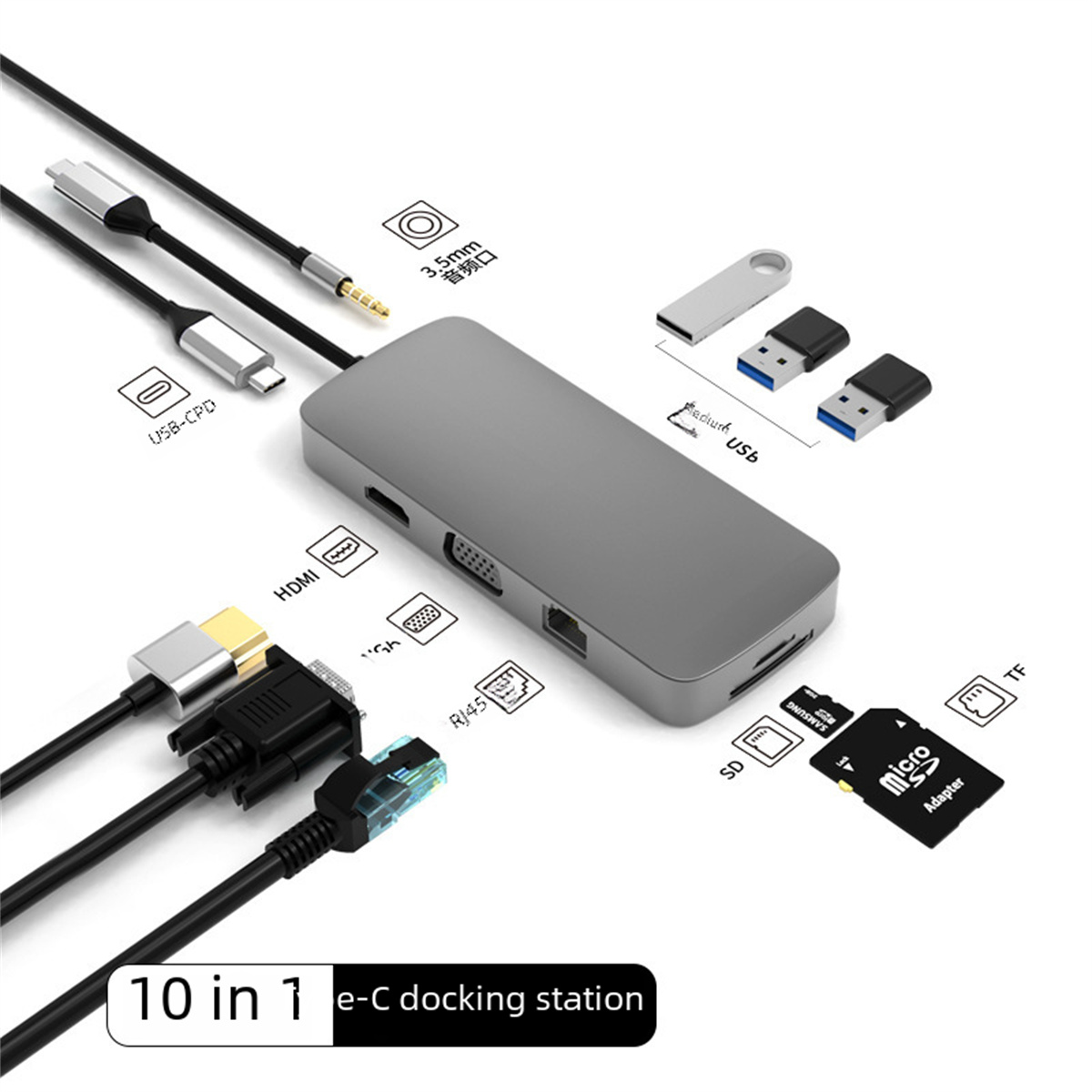 Graue 10-in-1-Dockingstation mit mehreren Anschlüssen und verschiedenen Anschlüssen. Inklusive USB-Laufwerk.