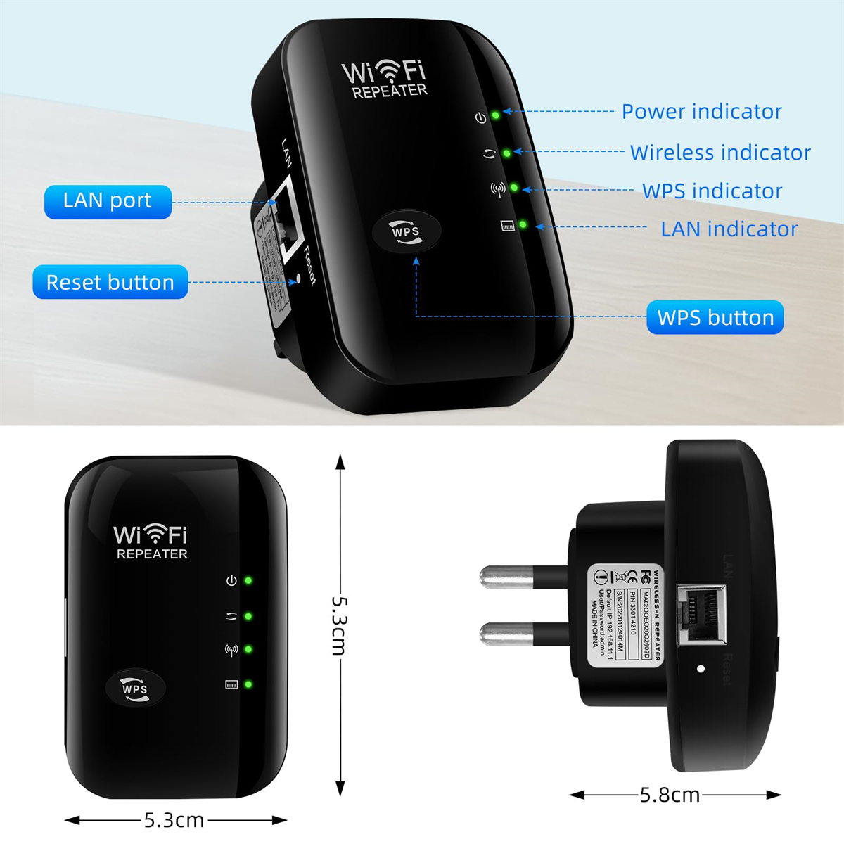 Ein schwarzer WLAN-Repeater mit Beschriftungen. Er hat einen LAN-Anschluss, Reset- und WPS-Tasten.