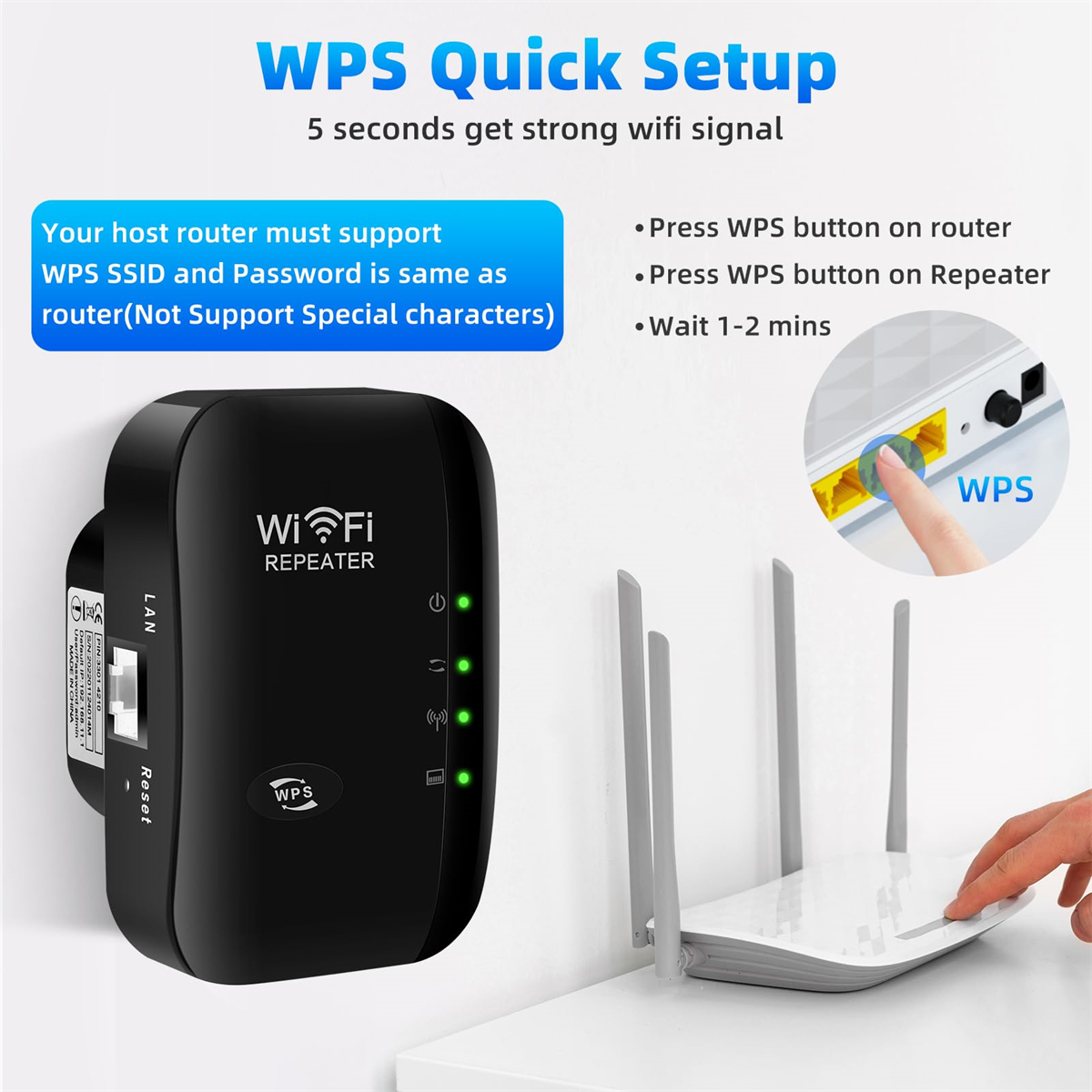 WLAN-Repeater mit Einrichtungsanleitung und Router mit WPS-Taste.