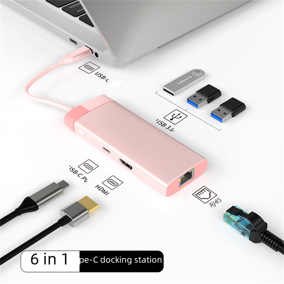 Rosa 6-in-1 USB-C-Dockingstation mit mehreren Anschlüssen, die an einen Laptop angeschlossen sind.
