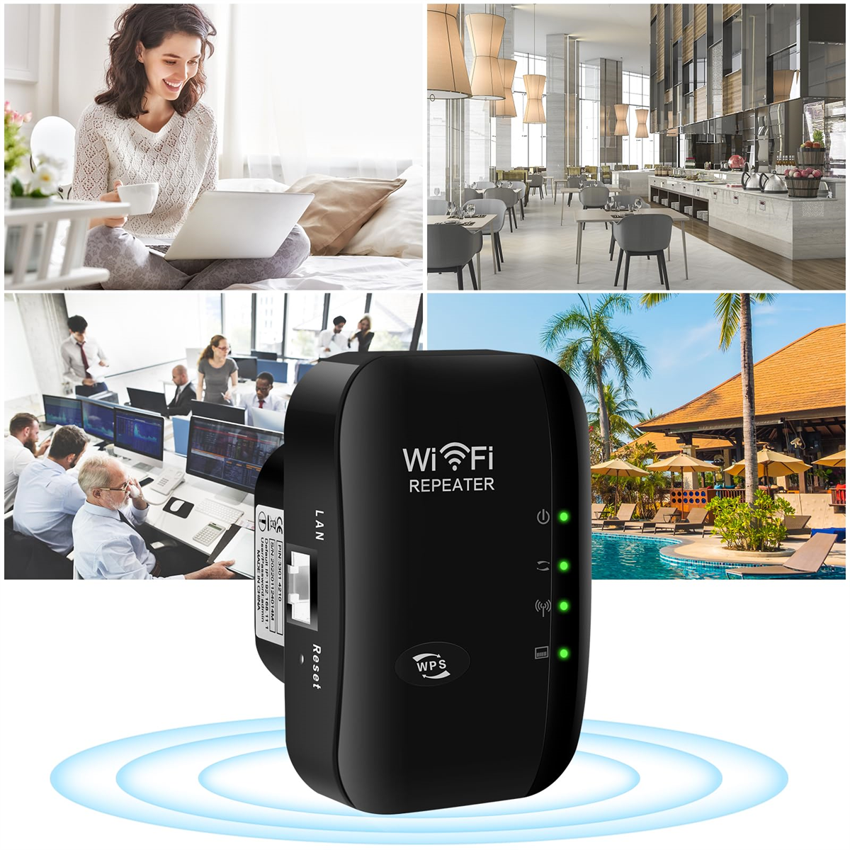 Ein WLAN-Repeater mit mehreren Szenen. Personen benutzen Laptops, ein Restaurant, eine Poolszene und ein Büro.