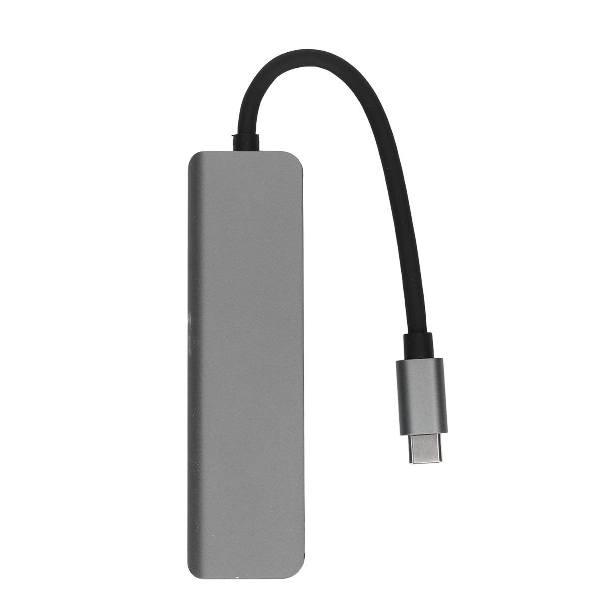 Grauer USB-C-Hub mit einem schwarzen Kabel und einem USB-C-Anschluss.