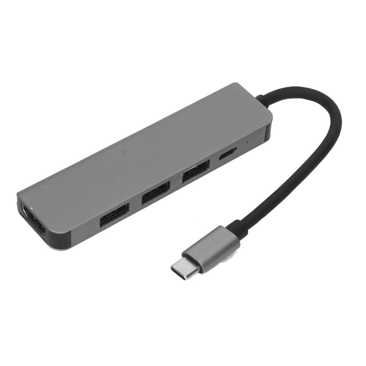 Ein grauer USB-C-Hub mit HDMI, USB-Anschlüssen und einem USB-C-Anschluss, schräg vor weißem Hintergrund.