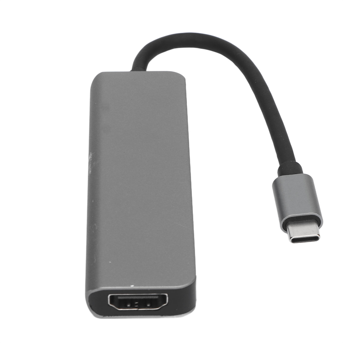 Grauer USB-C-zu-HDMI-Adapter mit schwarzem Kabel.