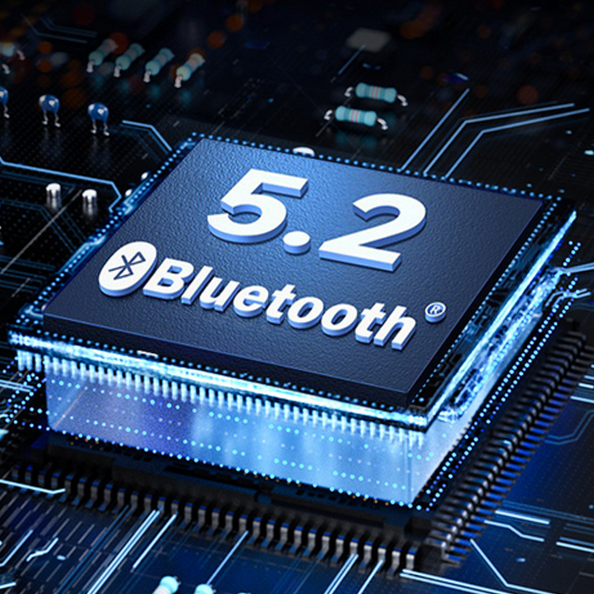 Primo piano di un chip Bluetooth 5.2 blu e nero su un circuito stampato.