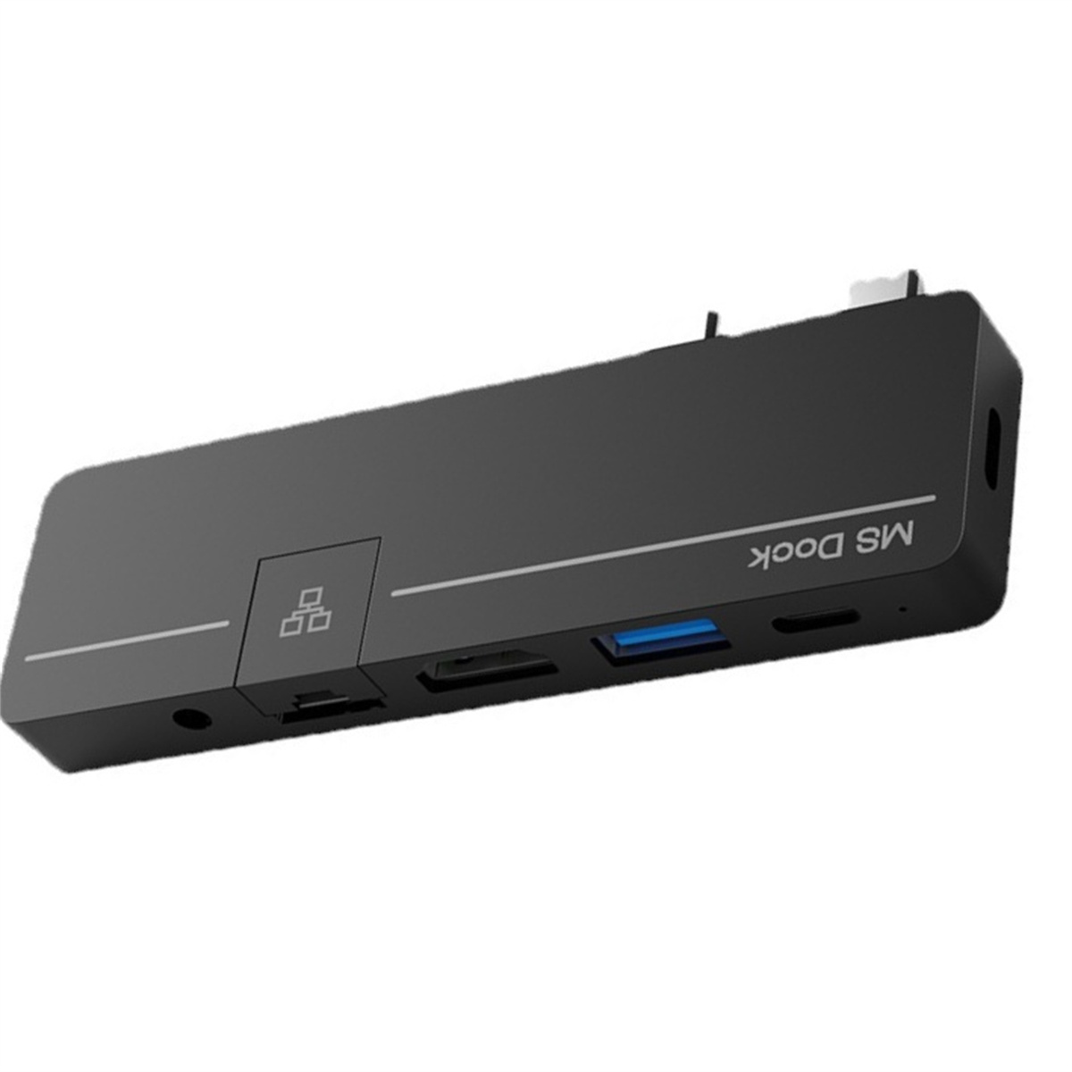 Schwarzes MS Dock mit mehreren Anschlüssen auf weißem Hintergrund.
