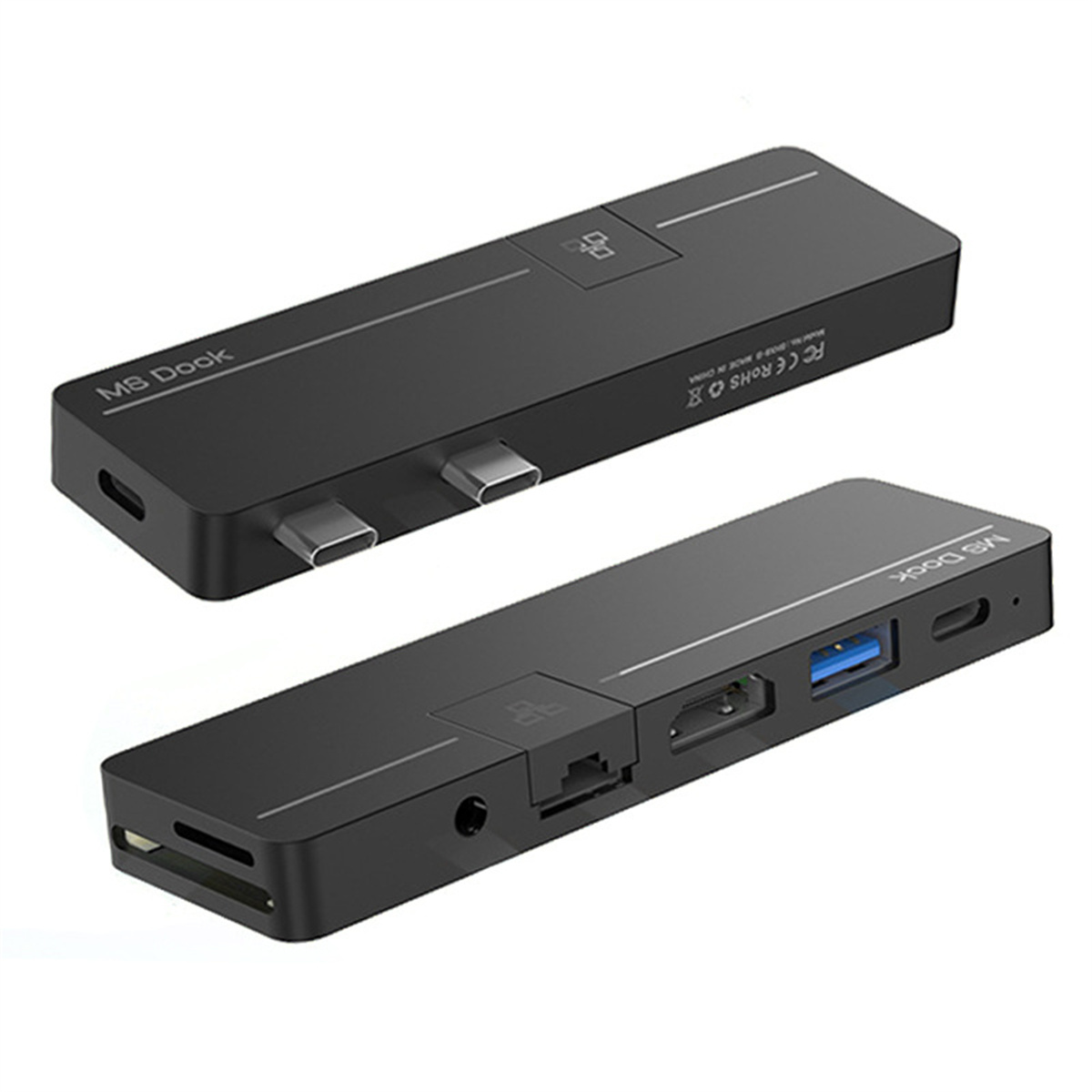 Zwei schwarze MS Dock-Adapter, mit verschiedenen Anschlüssen an den Seiten.