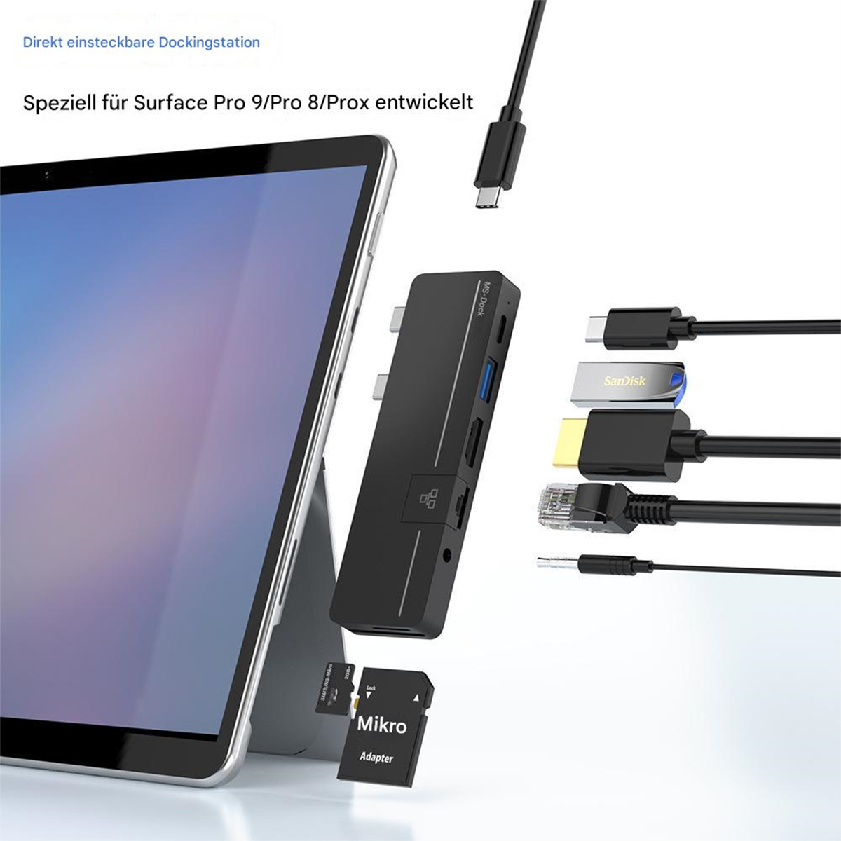 Eine schwarze Dockingstation mit mehreren Anschlüssen, die mit einem Tablet verbunden sind.