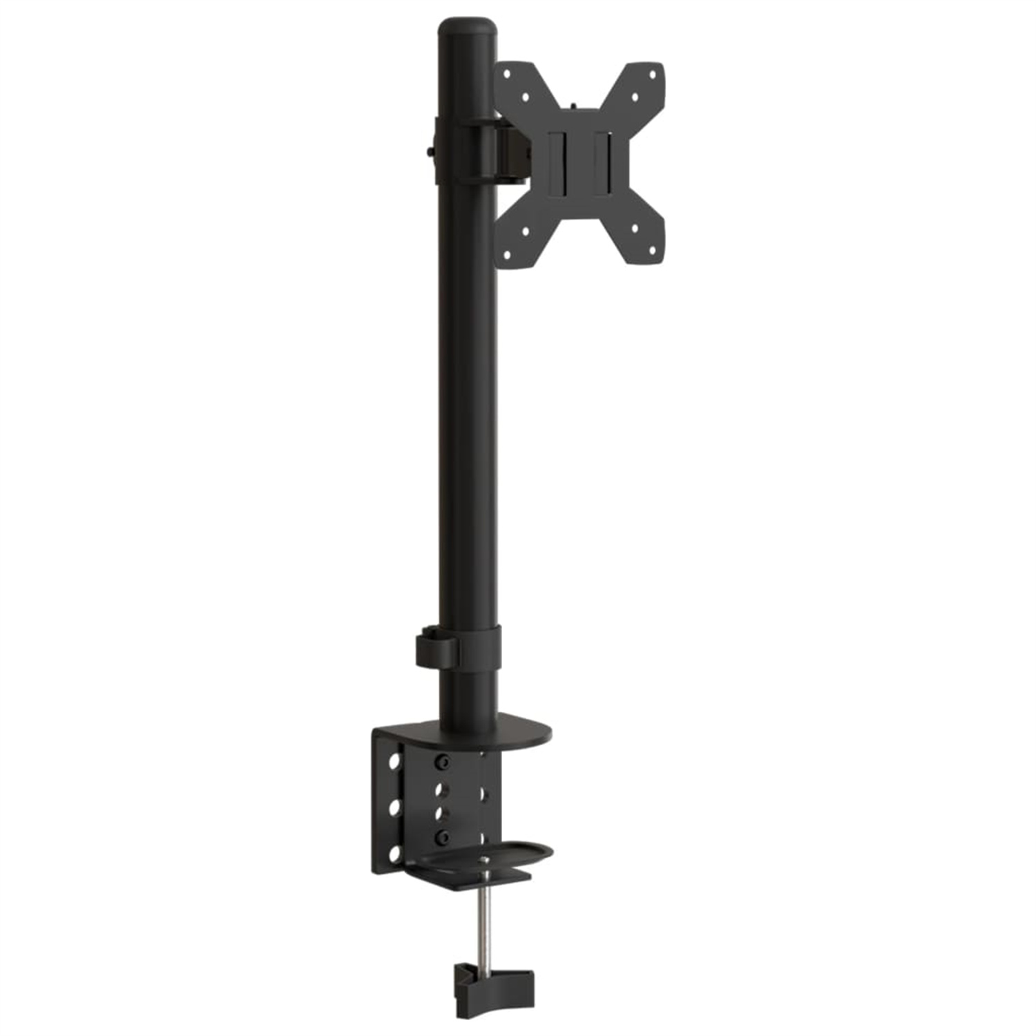 Schwarze Monitorhalterung mit Klemme. Vertikale Stange mit VESA-Halterung.