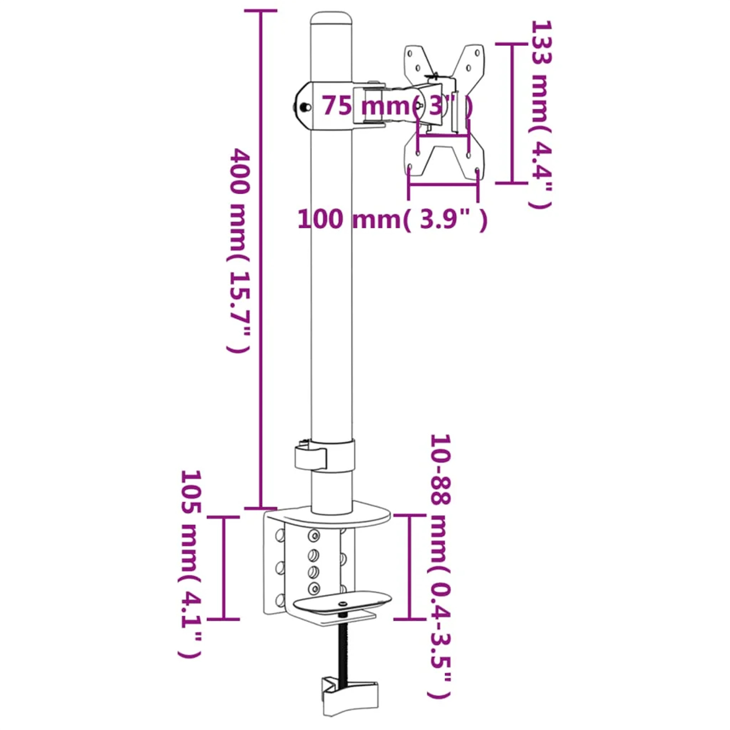 Diagramm eines Monitorarms mit Abmessungen. Weißer Hintergrund.