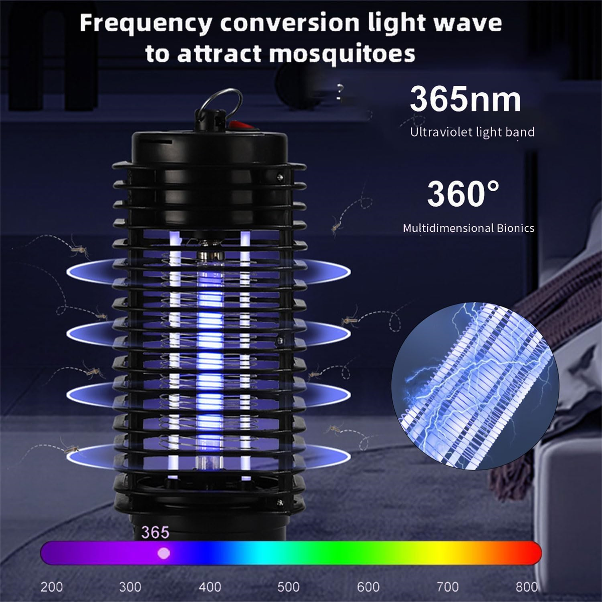Schwarzer Mückenvernichter mit blauem UV-Licht, umgeben von Fliegen. Es hat ein 365nm Lichtband.