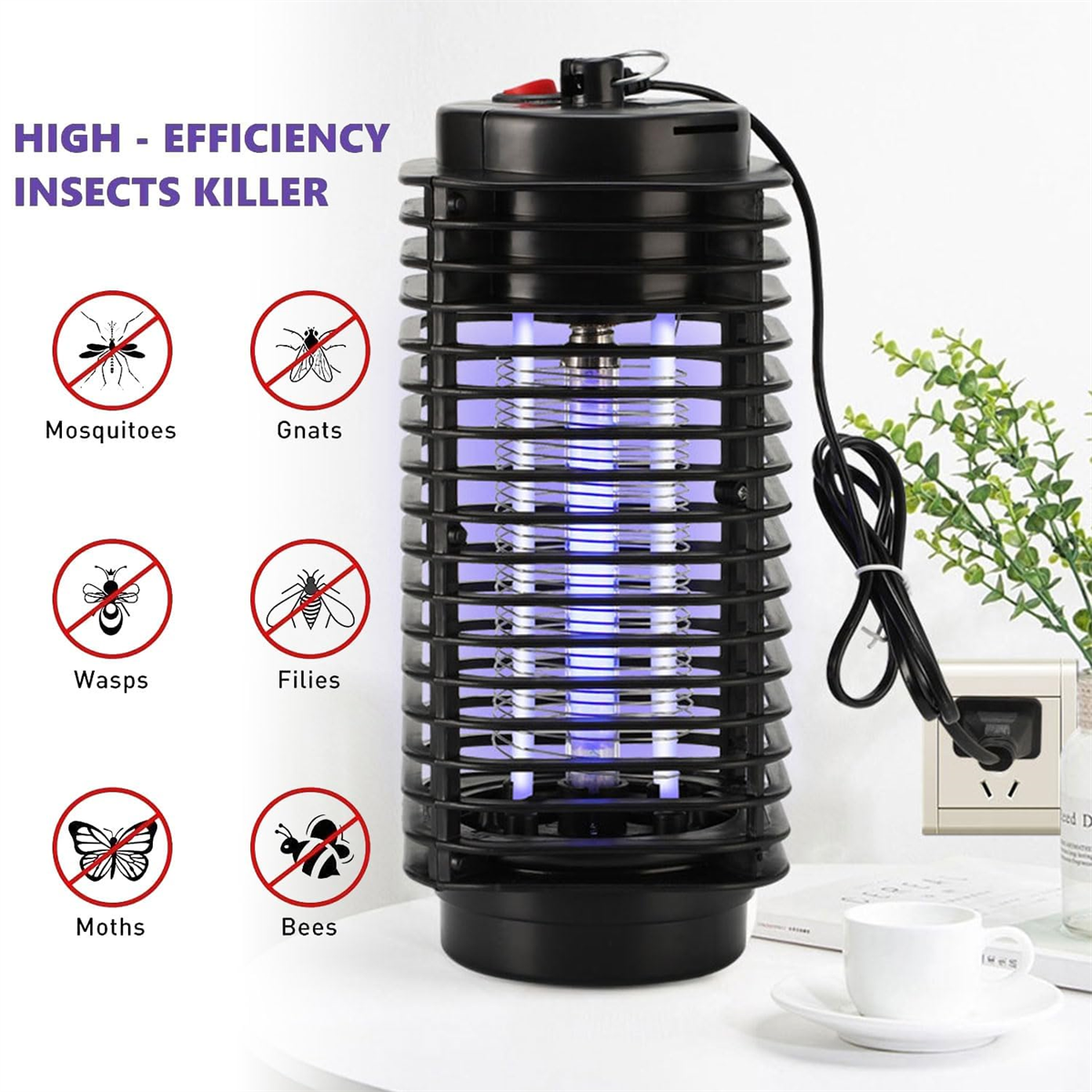 Insektenvernichter mit blauem Licht, umgeben von Bildern von Insekten mit Kreuz.