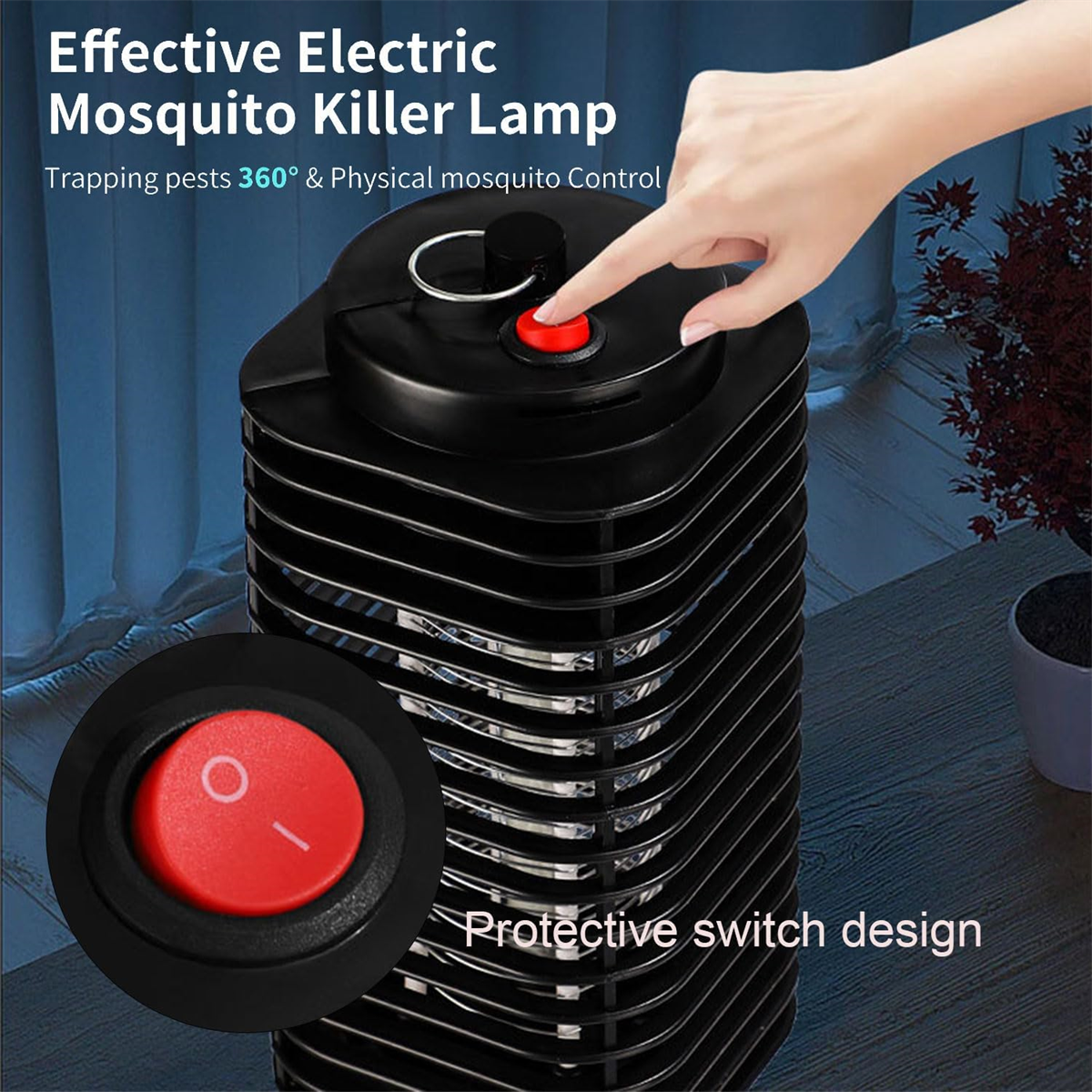 Schwarze elektrische Mückenvernichtungslampe. Roter Schalter ist sichtbar. Schutzschalter.