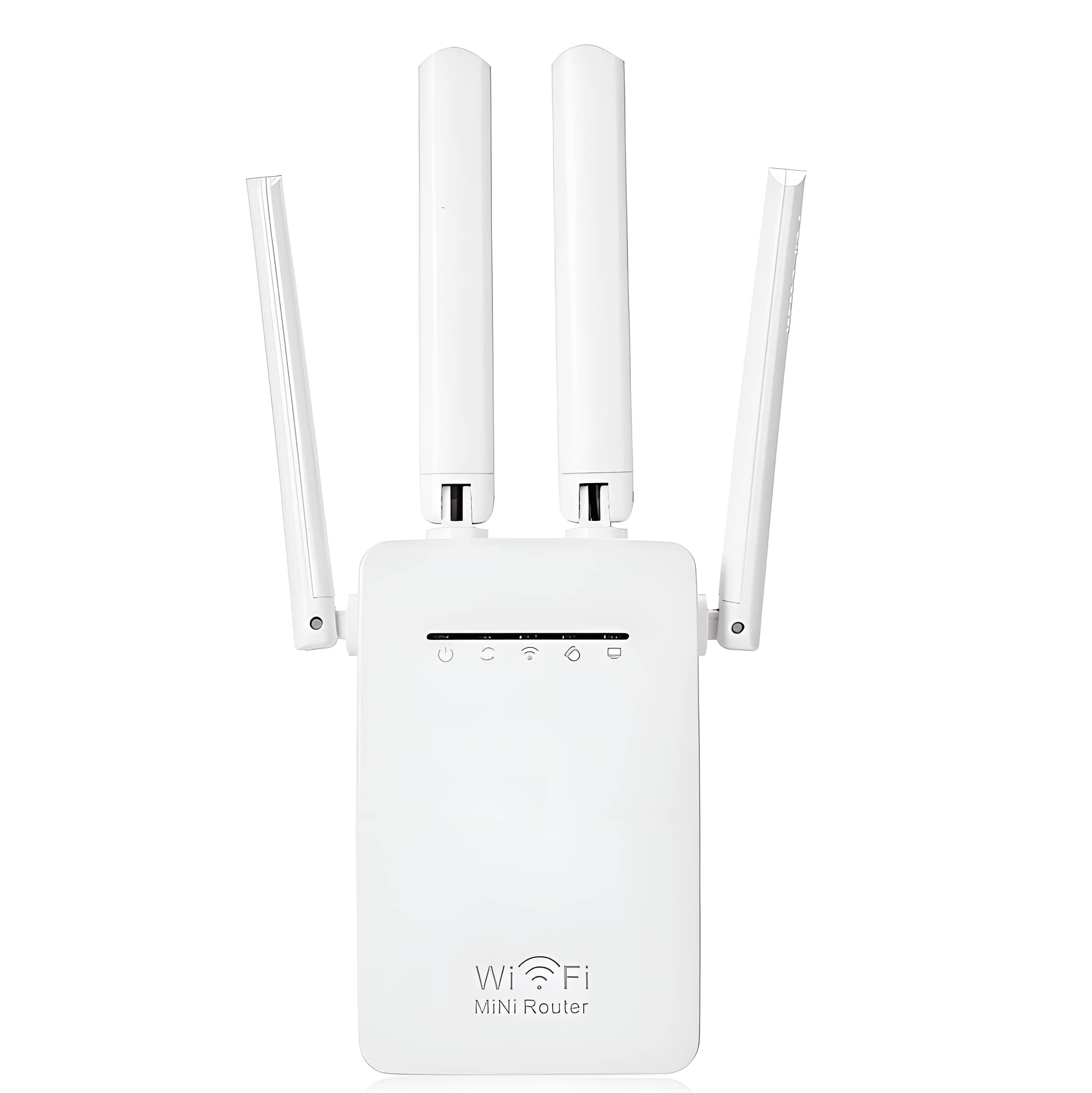 Weißer WiFi Mini Router mit zwei Antennen. Lichter zeigen den Verbindungsstatus an.