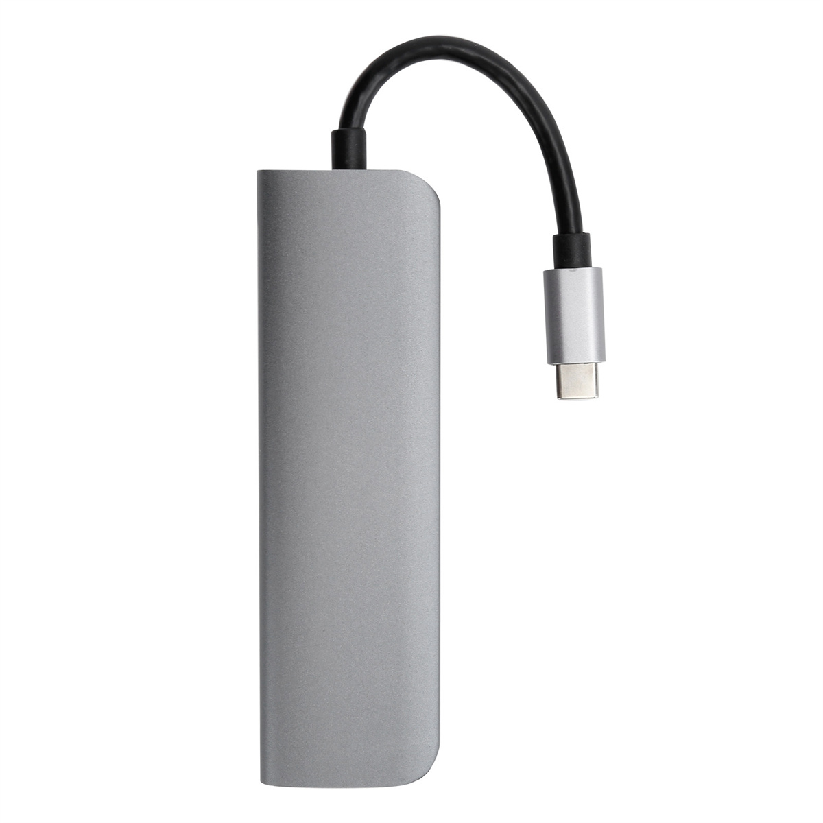 Silberner USB-C-Hub mit einem schwarzen Anschlusskabel. Der Hub ist rechteckig und hat ein schlankes, minimalistisches Design.