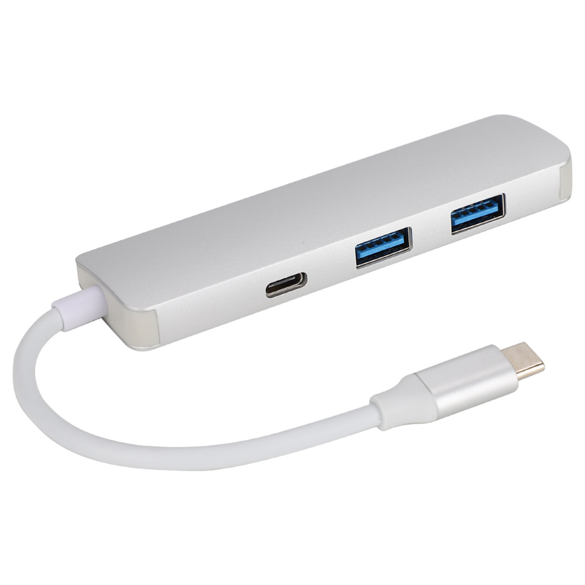 Silberner USB-C-Hub mit mehreren Anschlüssen und weißem Kabel.