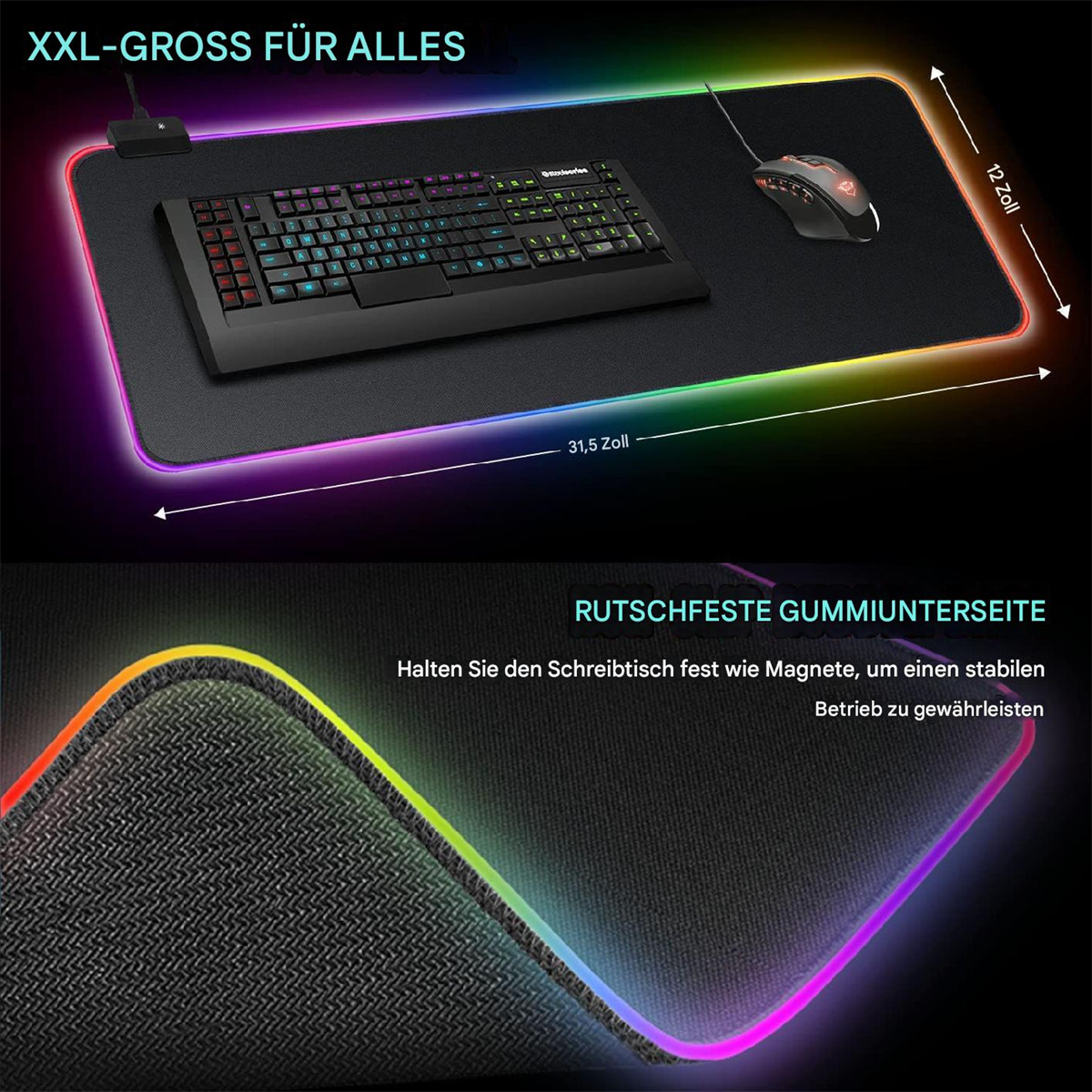 Großes schwarzes Mauspad mit Regenbogenrändern, Tastatur und Maus.