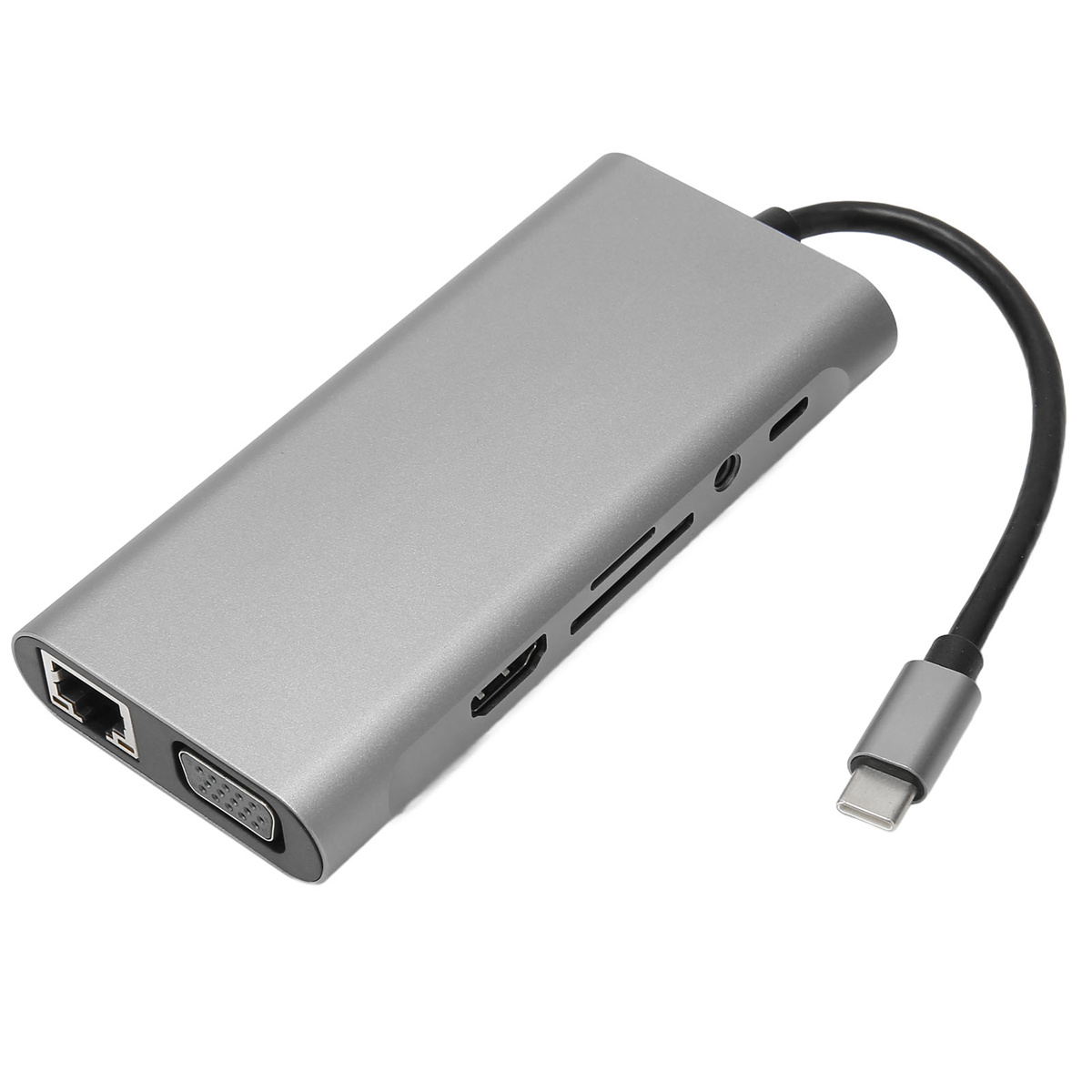 Silberfarbener USB-C-Hub mit mehreren Anschlüssen und einem schwarzen Kabel.