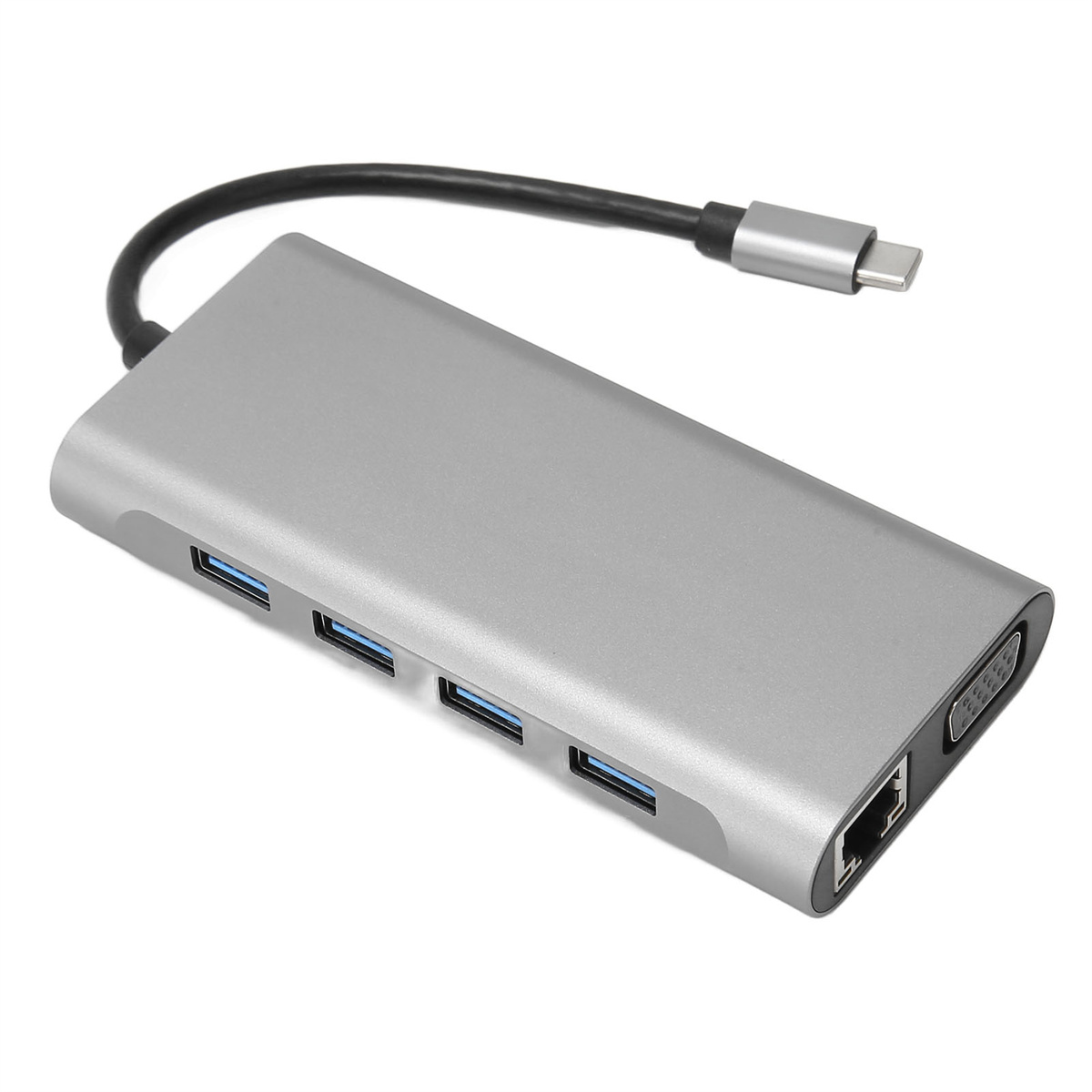 Ein silberner Multi-Port-USB-Hub mit mehreren USB-Anschlüssen und einem LAN-Kabel-Anschluss.
