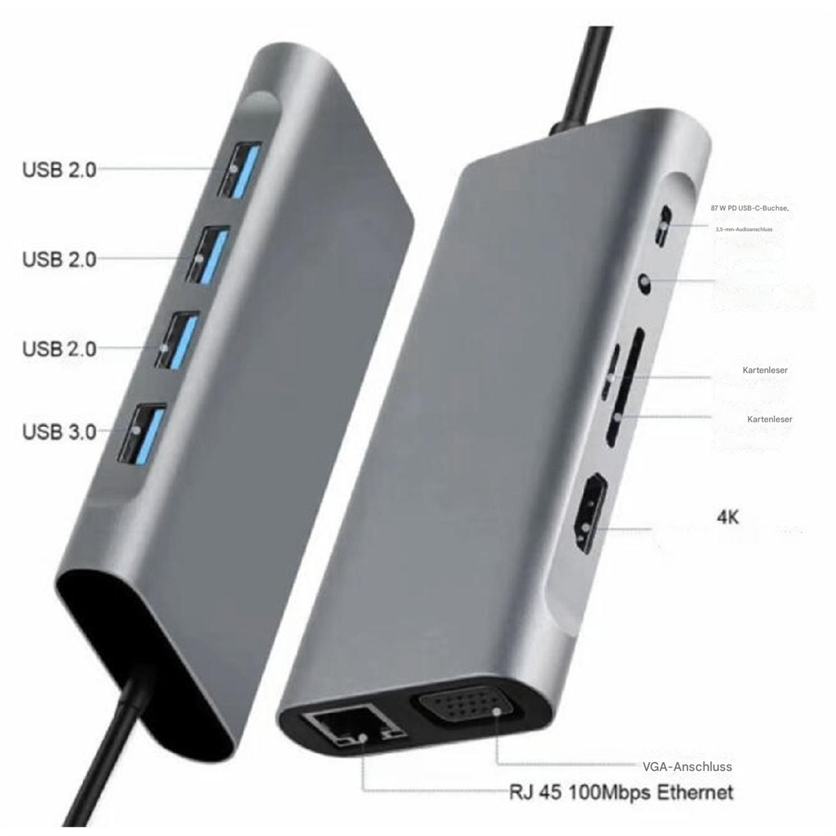 Silberner USB-Hub mit USB 2.0, USB 3.0 und anderen Anschlüssen. Etiketten kennzeichnen die Funktion.