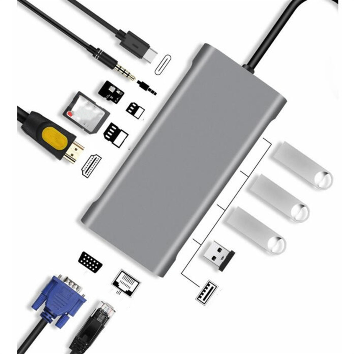 Ein grauer Hub mit verschiedenen Anschlüssen und USB-Sticks.