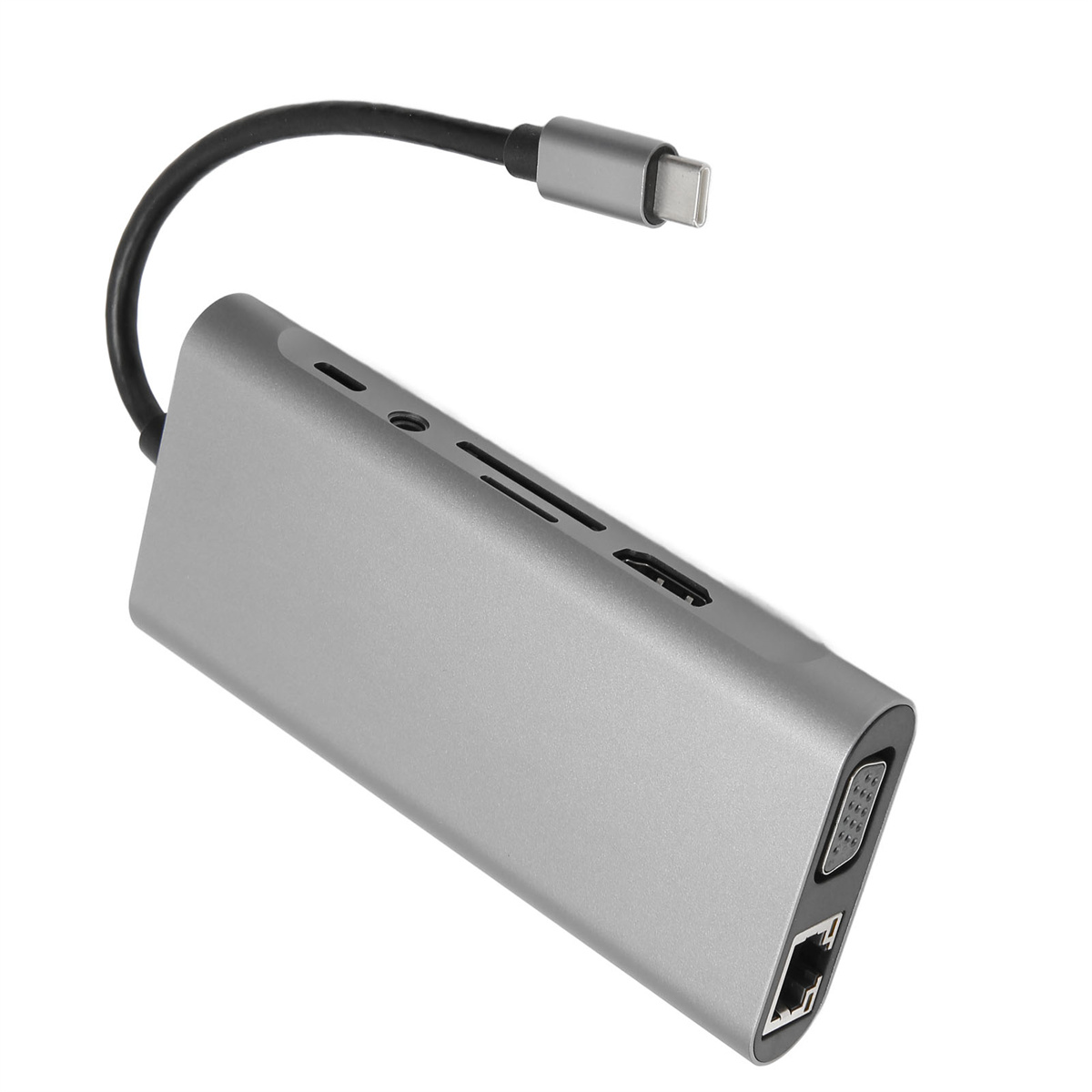 Ein silberner Multiport-Adapter mit verschiedenen Anschlüssen und USB-C-Anschluss.