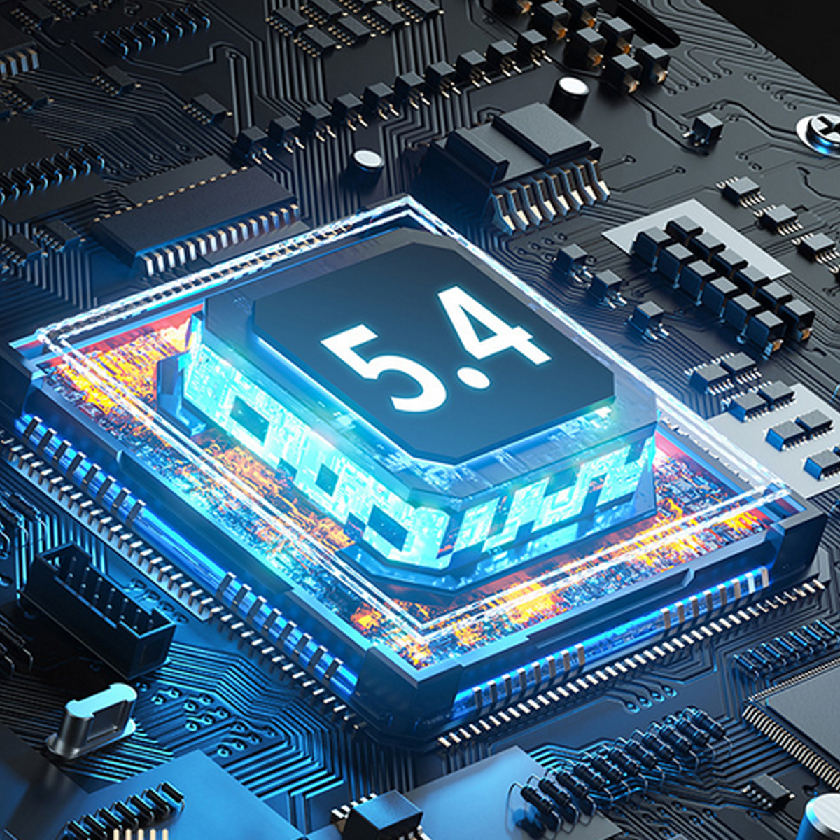 Primo piano di un circuito stampato con un chip che mostra '5.4'.
