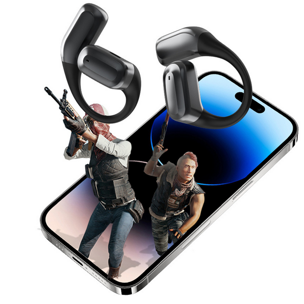 Due cuffie nere fluttuano sopra uno schermo di smartphone che mostra due persone che imbracciano armi in un videogioco.
