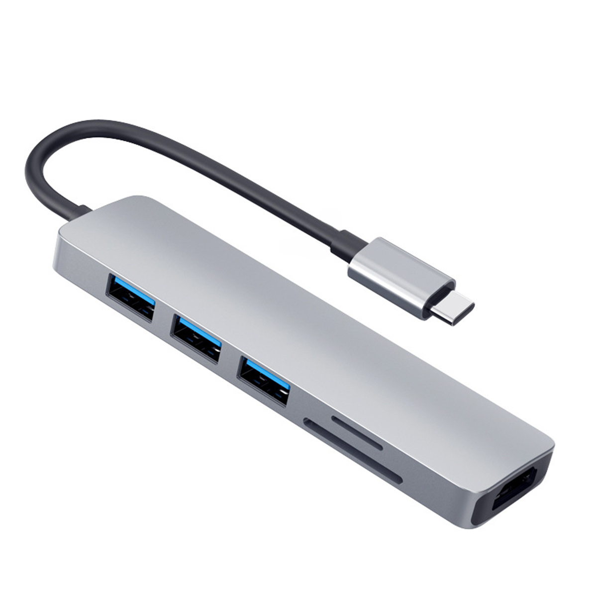 Silberner USB-Hub mit vier Anschlüssen, einem USB-C-Anschluss und einem schwarzen Kabel.