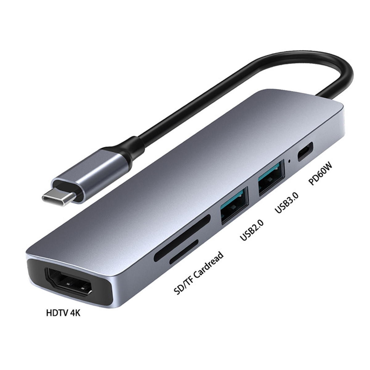 Ein grauer USB-C-Hub mit mehreren Anschlüssen: HDMI, USB 2.0, USB 3.0 und ein Kartenleser.