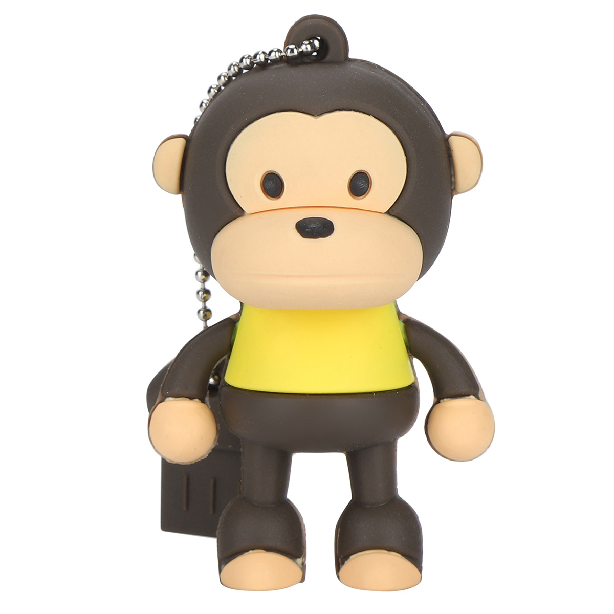 Affenförmiger USB-Stick. Brauner Körper, gelbes Hemd und Kette. Weißer Hintergrund.
