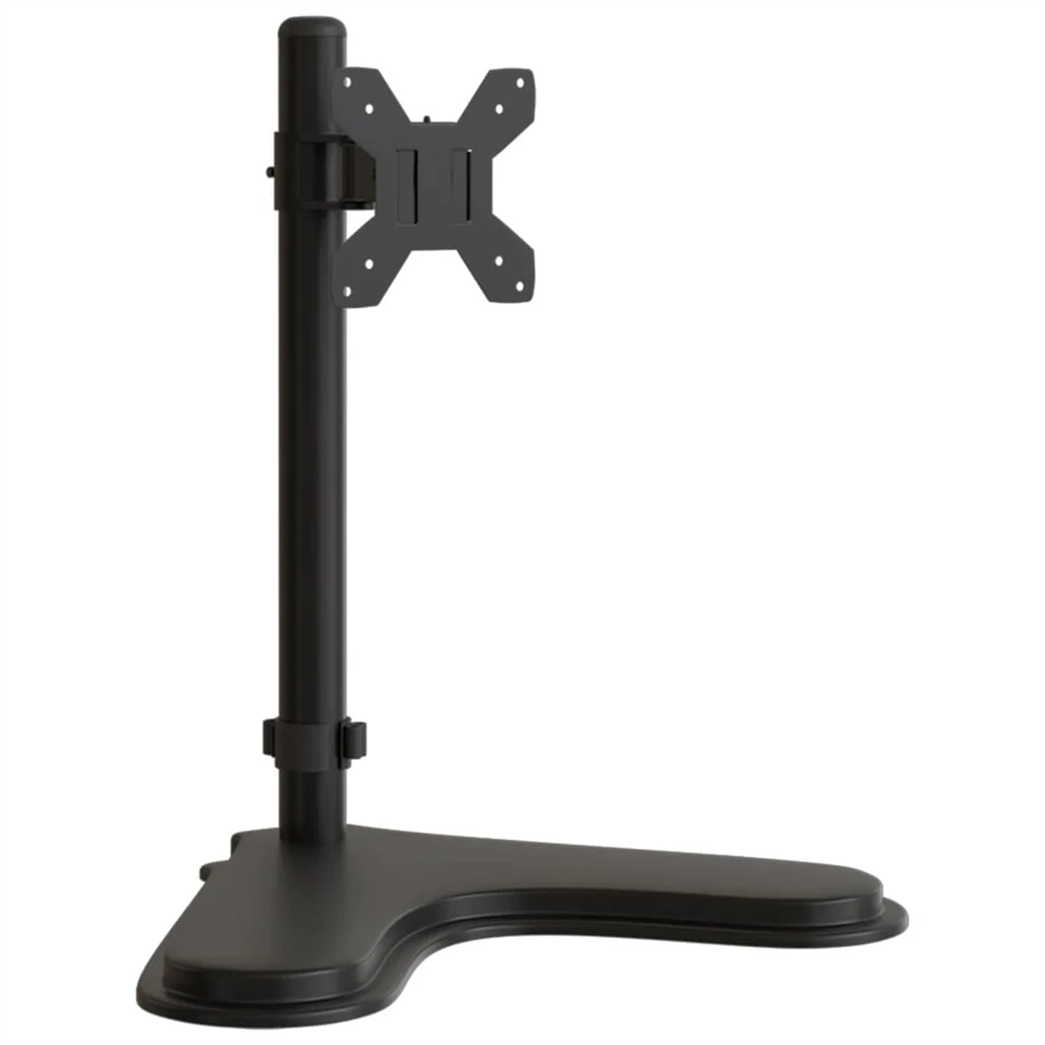 Schwarzer Monitorständer mit gebogener Basis und einer Stange mit einer Halterung für einen Monitor.