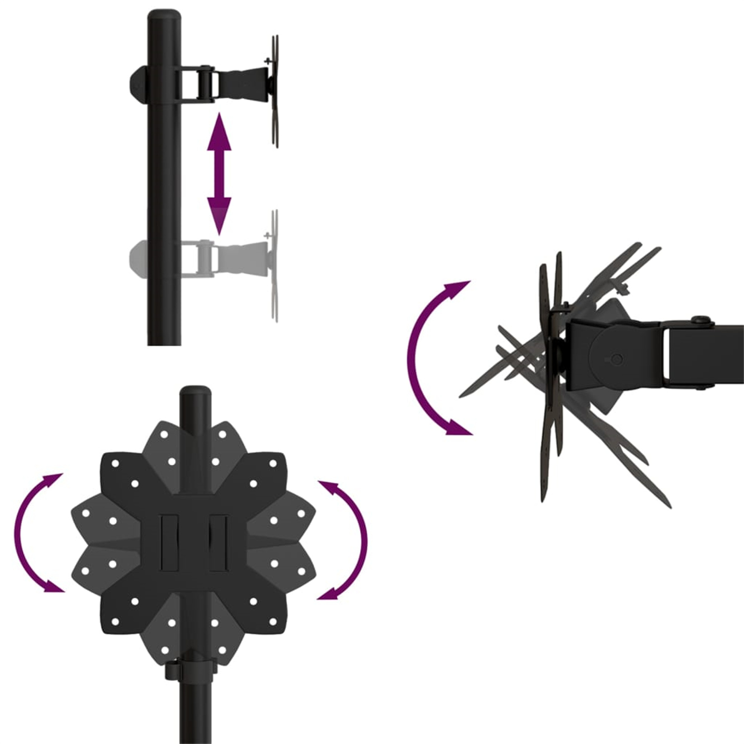 Diagramm eines Monitorarms, der verschiedene Einstellungen zeigt: vertikal, horizontal und Drehung.