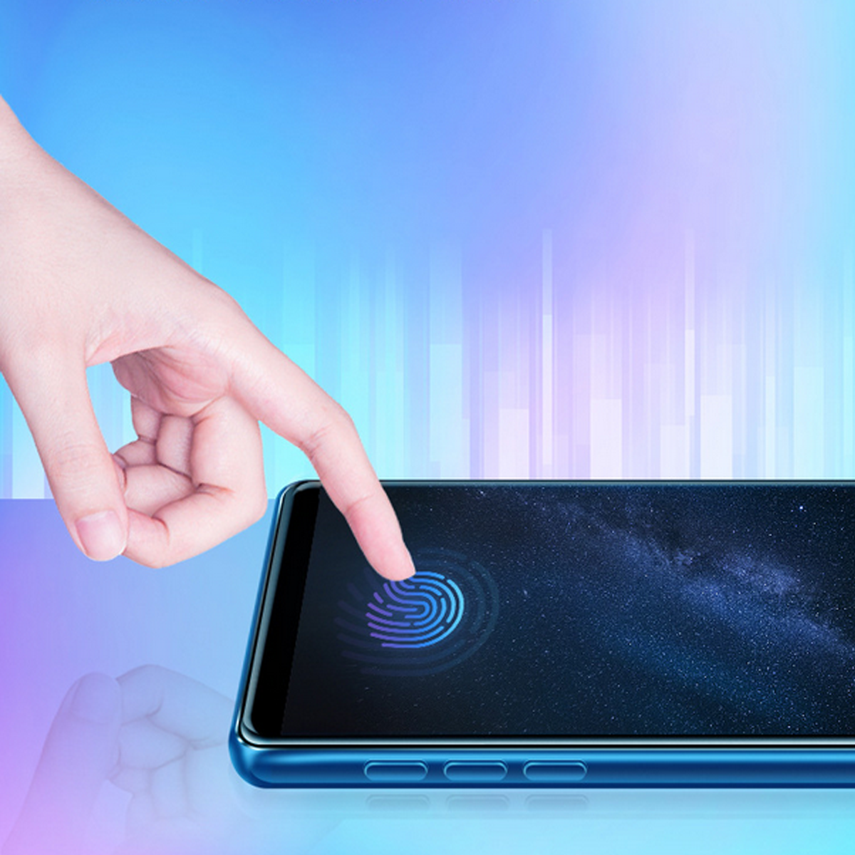Eine Hand berührt einen Telefonbildschirm. Auf dem Bildschirm befindet sich ein blauer Fingerabdruck.