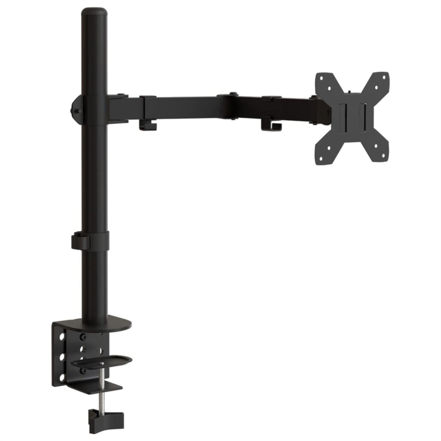 Schwarze Monitorhalterung mit Klemme, die einen Monitorarm auf weißem Hintergrund hält.