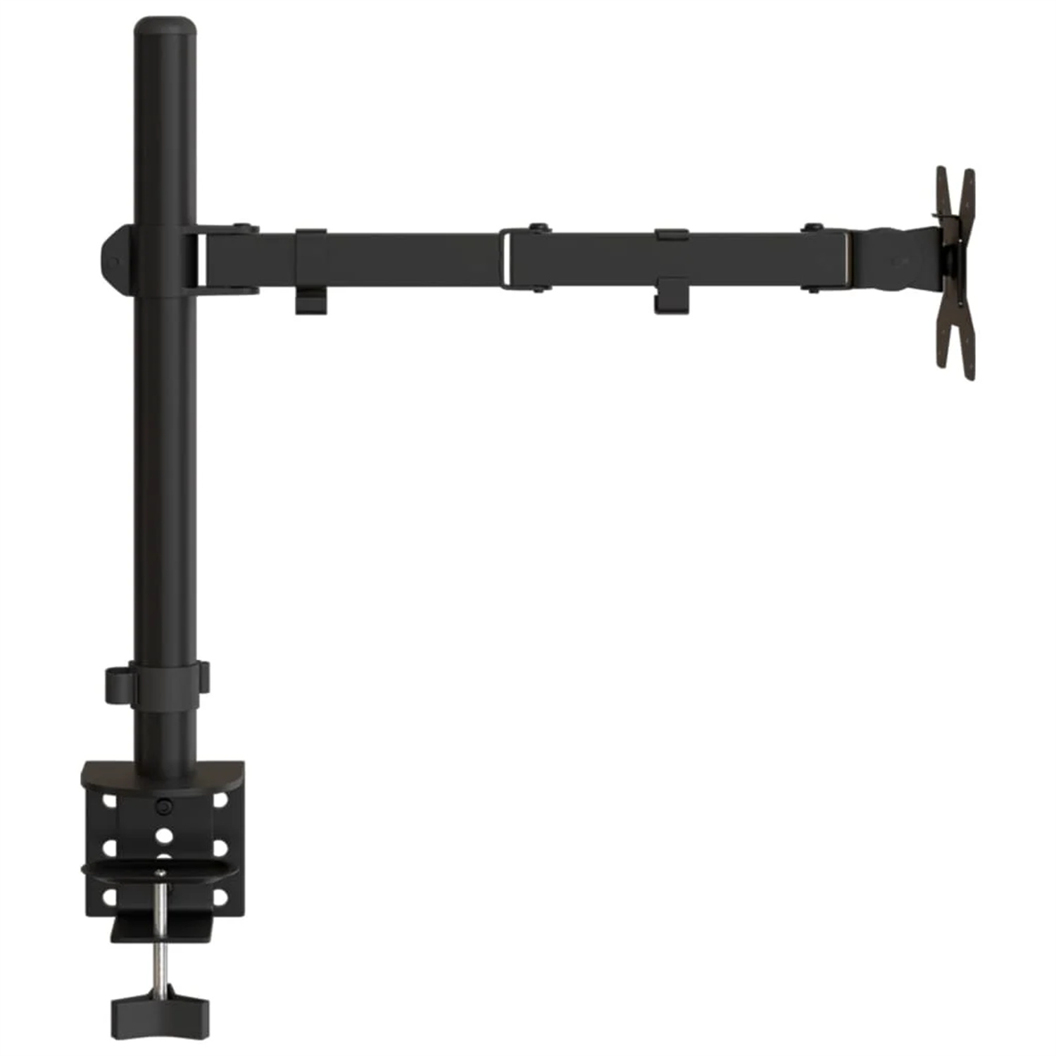 Ein schwarzer Monitorarm, an einem Schreibtisch montiert. Der Arm erstreckt sich horizontal und trägt einen Monitor.
