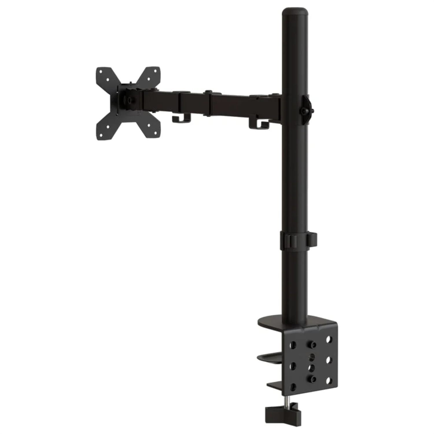 Schwarzer Monitorarm, an einem Schreibtisch befestigt, mit einer Monitorhalterung.