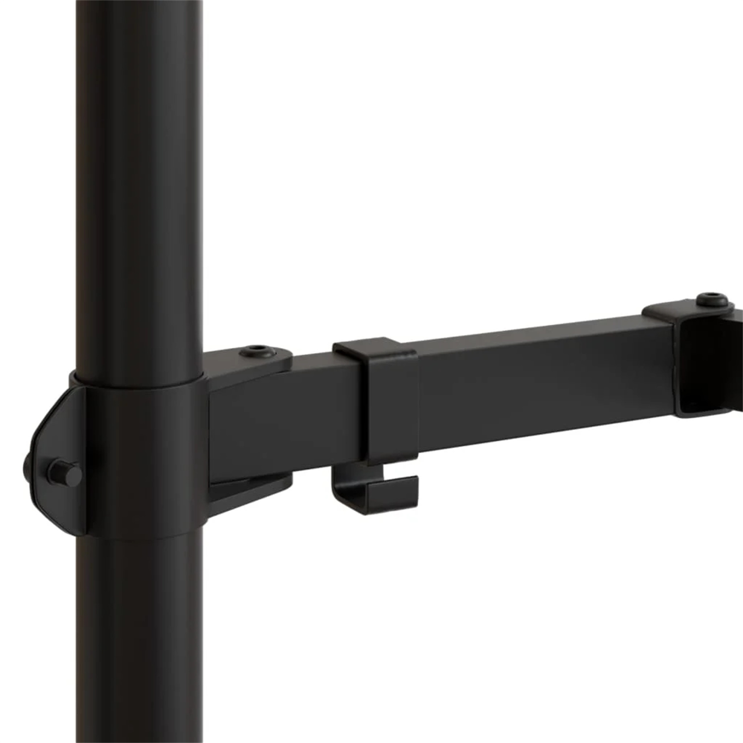 Nahaufnahme einer schwarzen Metallstützkonstruktion mit schwarzem Pfosten und horizontalem Arm.