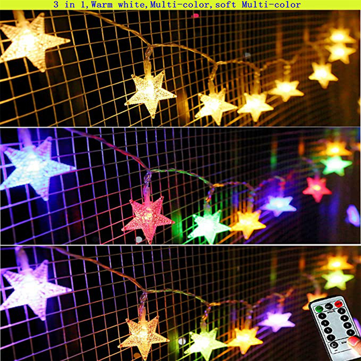 Drei Reihen sternförmiger Lichter in verschiedenen Farben, mit einer Fernbedienung rechts.