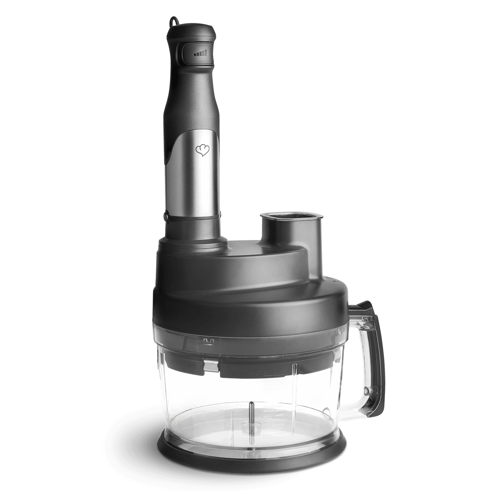 Ein grauer und schwarzer Stabmixer vor schwarzem Hintergrund.