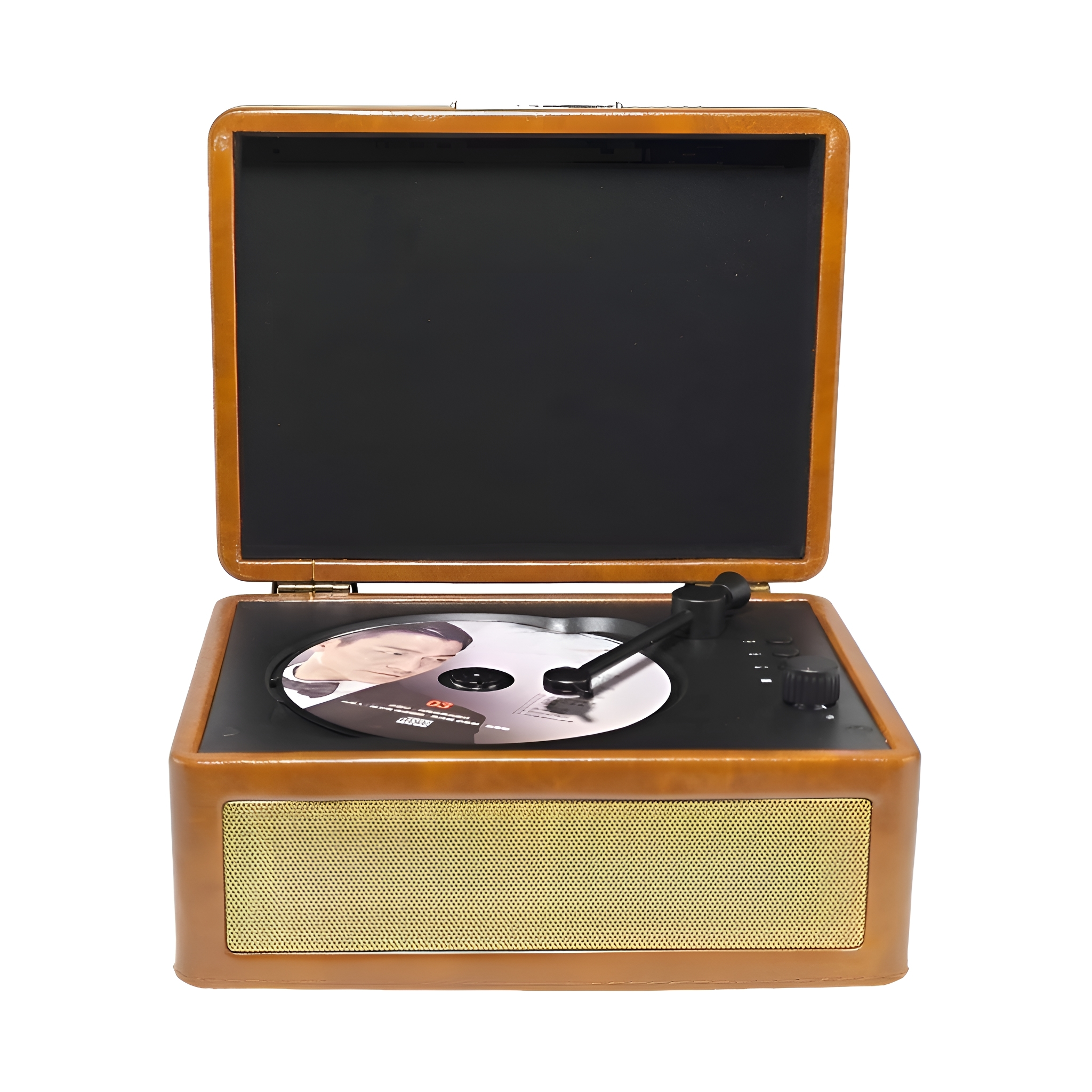 Retro-Plattenspieler in Braun mit offenem Deckel und CD, auf weißer Oberfläche.