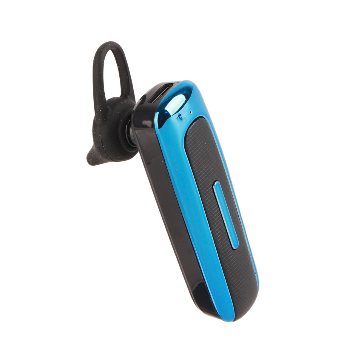 Ein blaues und schwarzes Bluetooth-Headset mit Ohrbügel, isoliert auf weißem Hintergrund.