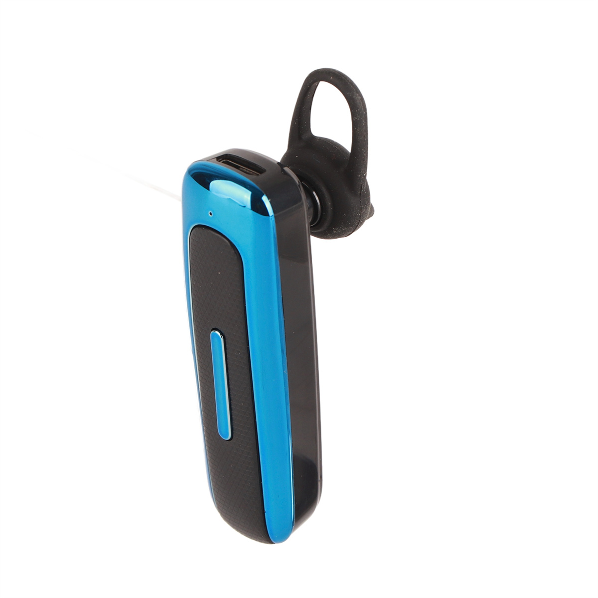 Blaues und schwarzes Bluetooth-Headset. Hat einen Ohrhaken und einen Ladeanschluss.