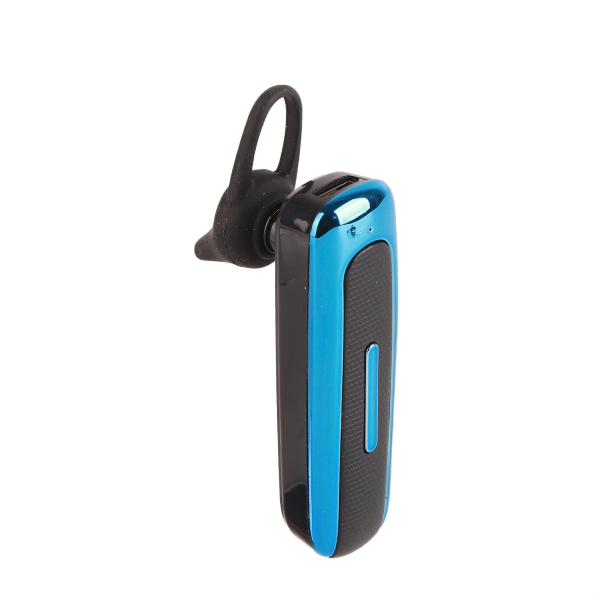Blaues und schwarzes Bluetooth-Headset, freigestellt auf weißem Hintergrund.
