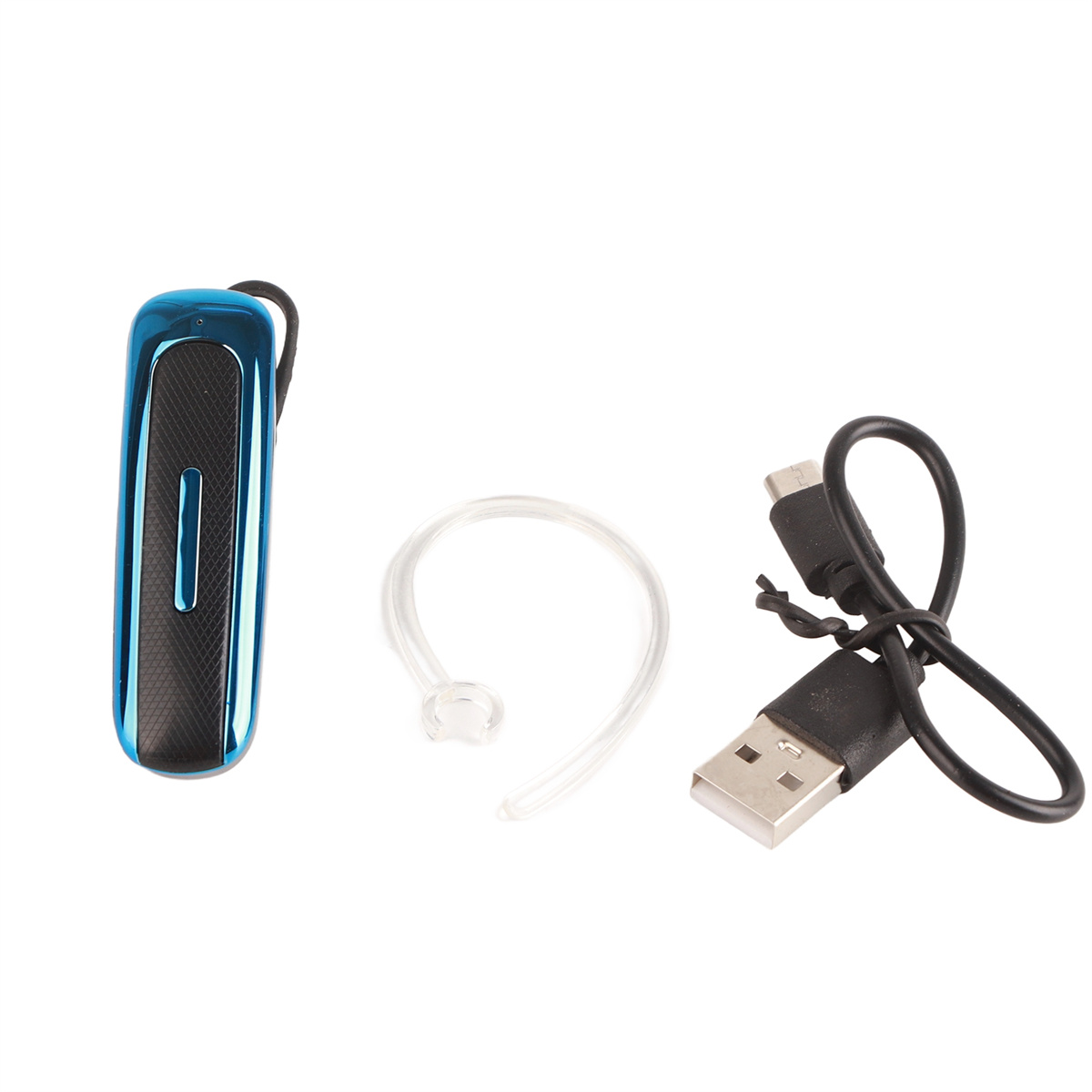 Ein blaues Headset mit Mikrofon und ein Ladekabel mit USB-Anschluss. Daneben ein klarer Ohrhaken.