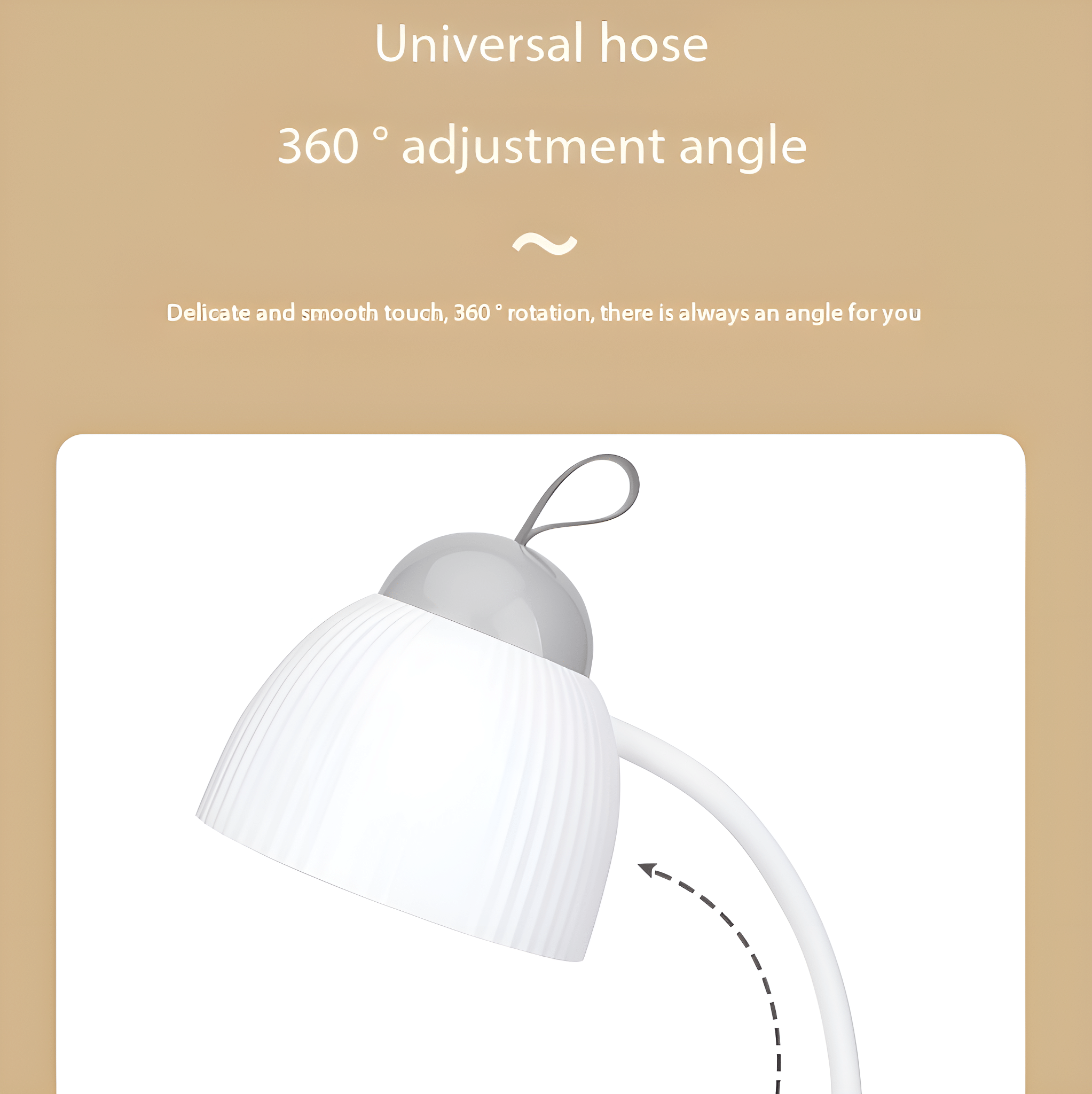Eine weiße Schreibtischlampe mit flexiblem Hals, die einen 360-Grad-Einstellwinkel zeigt.