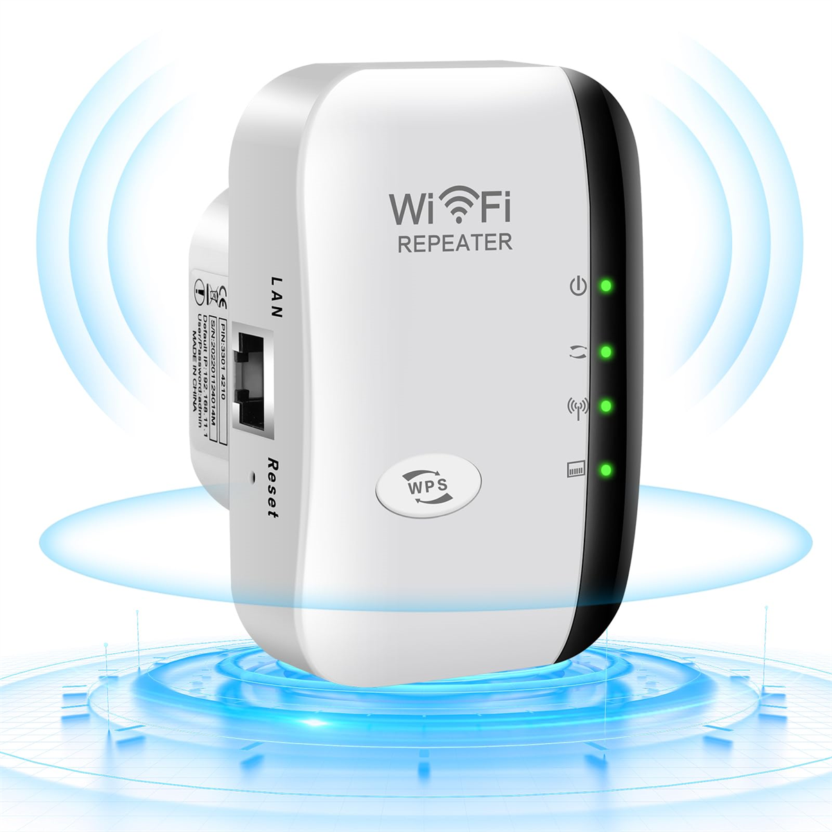 Weißer WLAN-Repeater mit LAN-, Reset- und WPS-Anschlüssen, umgeben von blauen Wellen.