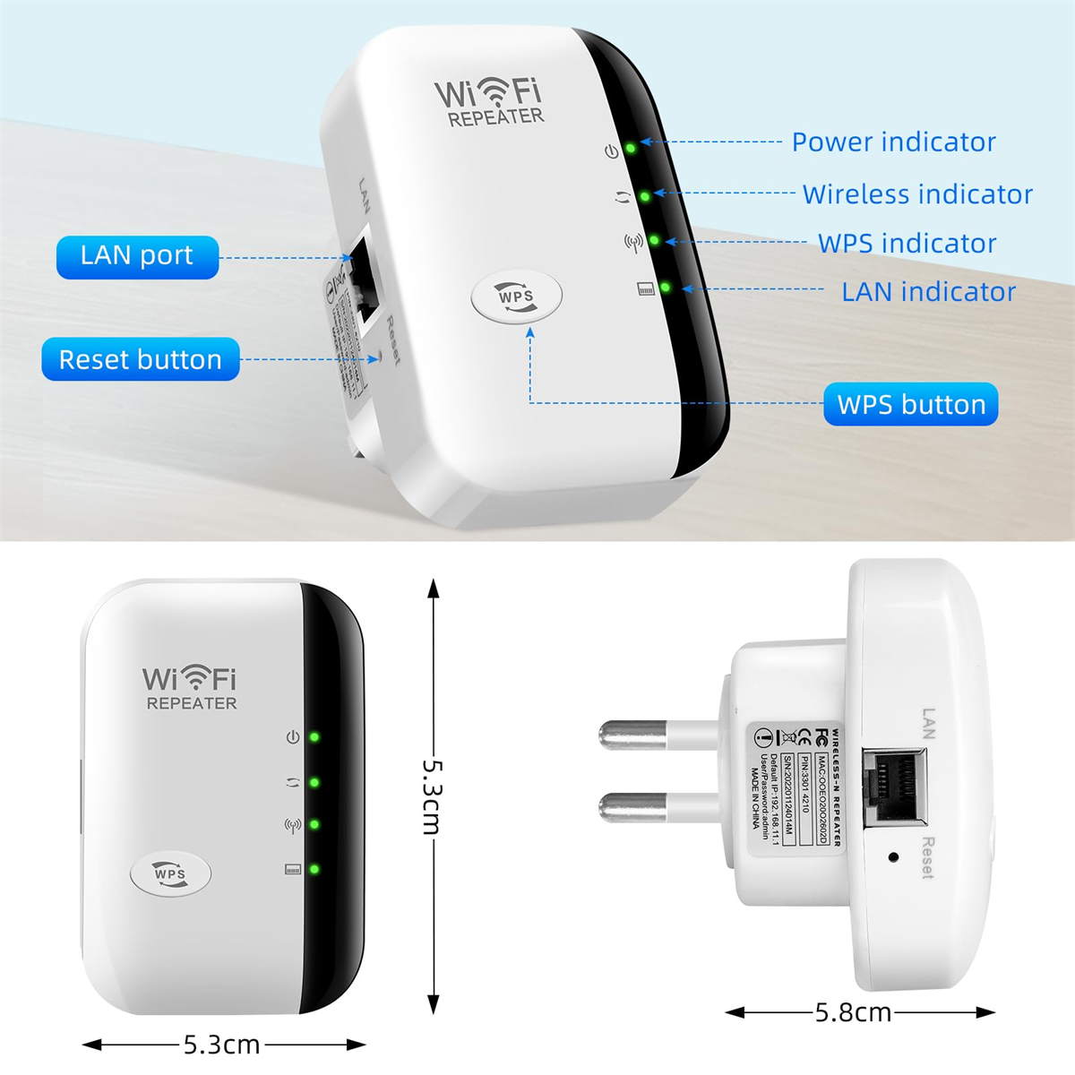 Ein weißer Wi-Fi-Repeater mit Beschriftungen und Abmessungen, isoliert.