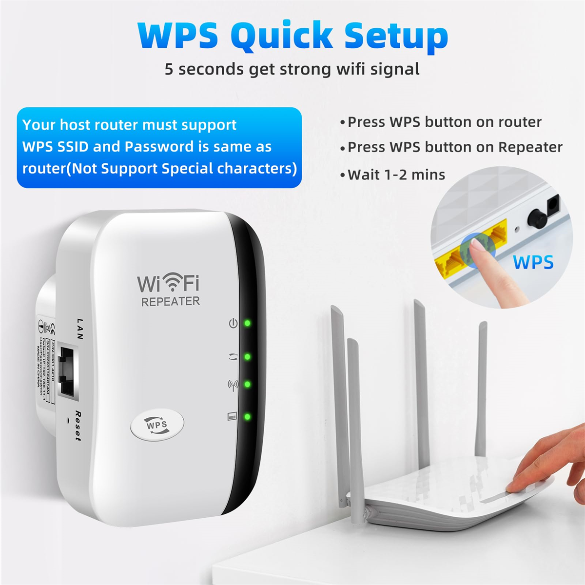 WLAN-Repeater-Setup mit Router. Text erklärt WPS-Einrichtungsschritte.